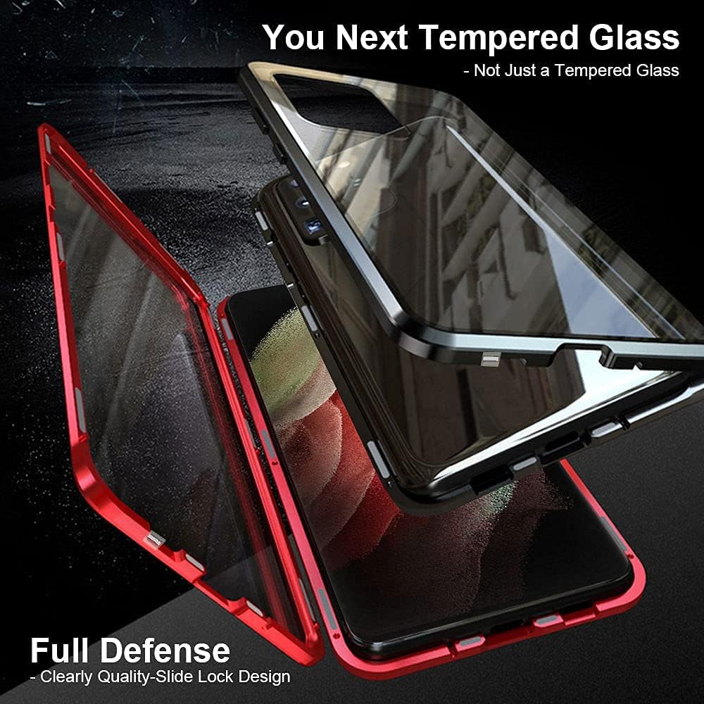 QUIETIP Compatible for Samsung Galaxy S21 Ultra Case,Magnetic Metal-Clear Glass Case,Thin Body Metal Frame Double-Sided Tempered Glass with Built-in Screen Lens Protect,Black