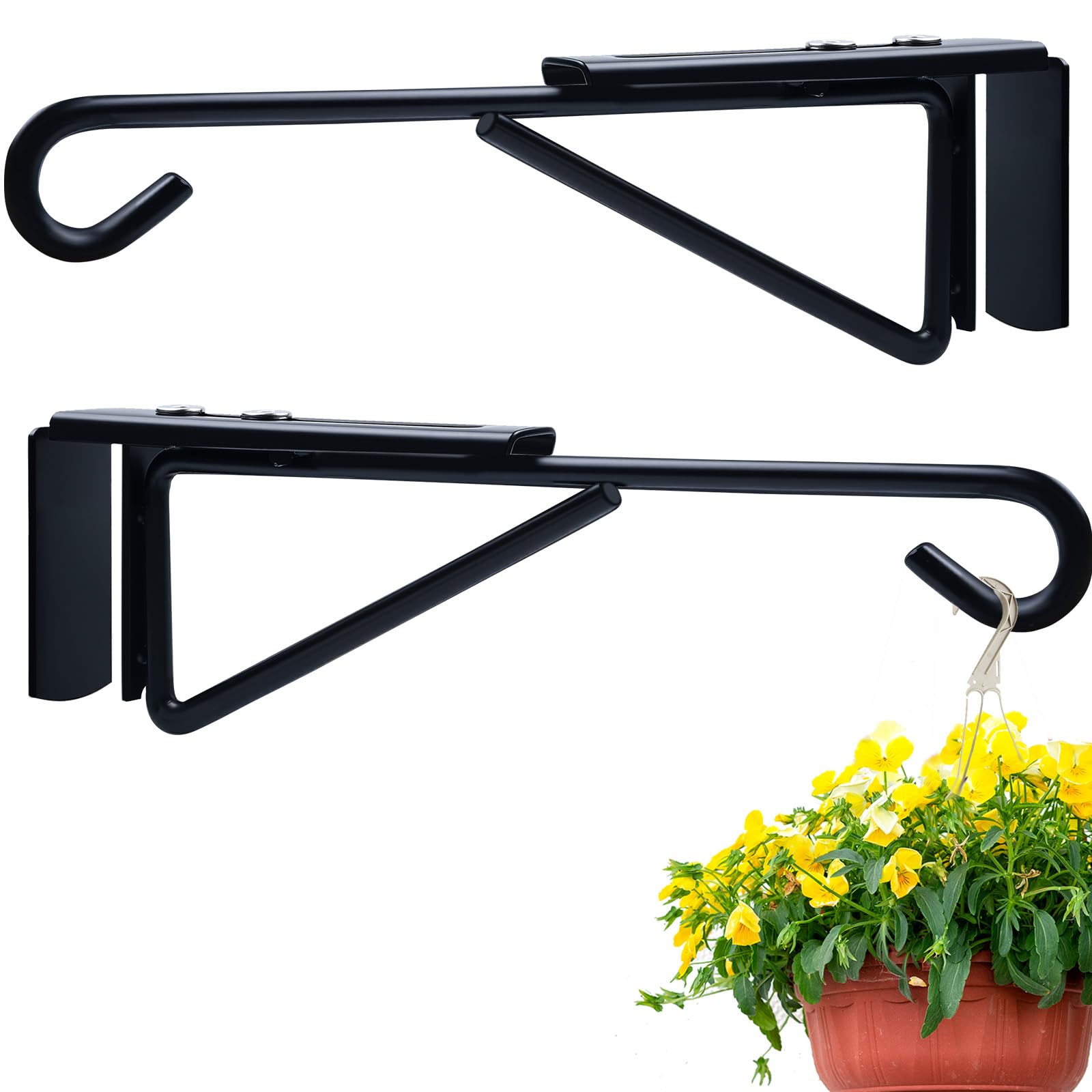 2 Pack Adjustable Hanging Basket Brackets Outdoor, Heavy Duty Bird Feeder Brackets for Fences, Garden Lantern Hooks, Wall Plant Hangers for Garden Fence, Black Plant Hangers Wall Hook Basket Hanger