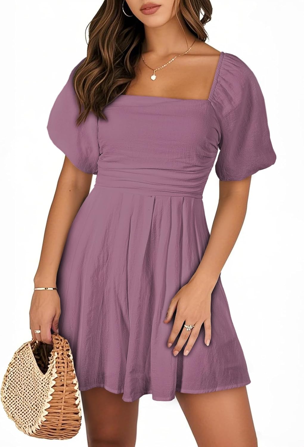 AlvaQ Womens Summer Cute Puff Sleeve Elastic Square Neck Mini Short Romper with Pockets