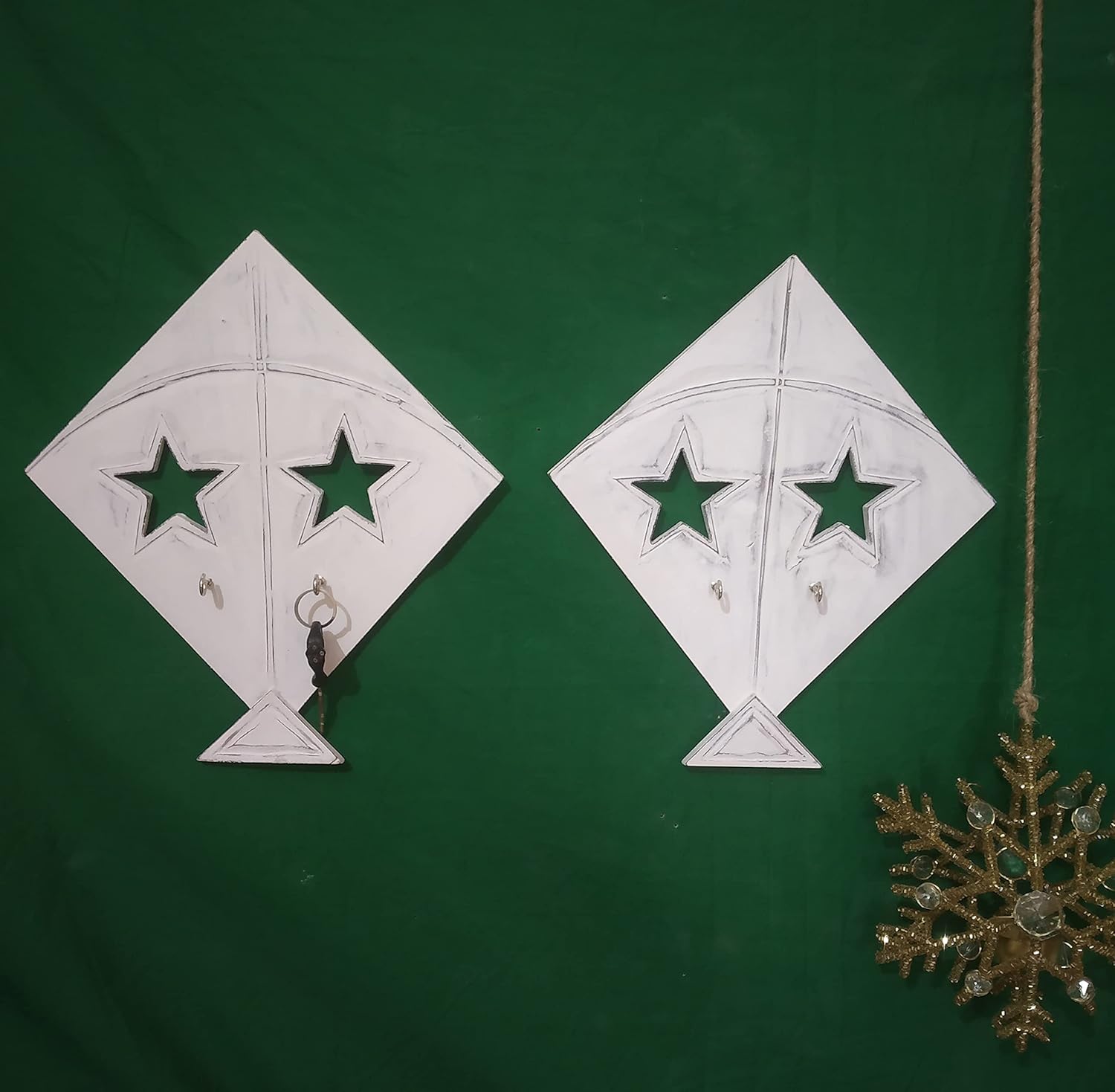 Samyuktha Wooden Key Holder Stand/Wooden Wall Panel/Hooks Stand/Plain Key Holder for Home Office/Wall Mounted Key Holder/Key Hold/Key Chain Hanging Board/Set of 2 (Antique White) (12.5x11) inches