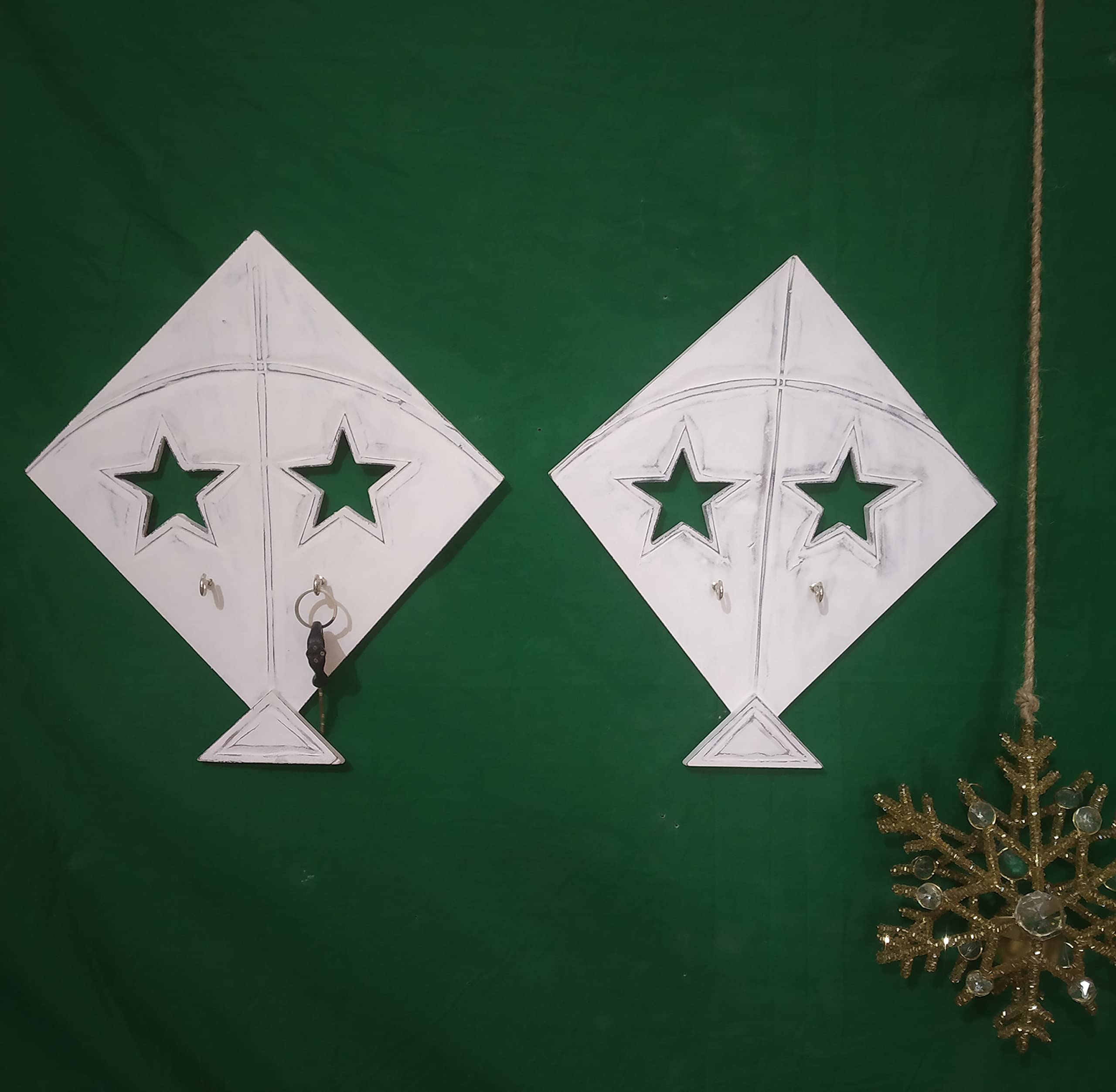 WHF Wooden Key Holder Stand/Wooden Wall Panel/Hooks Stand/Plain Key Holder for Home Office/Wall Mounted Key Holder/Key Hold/Key Chain Hanging Board/ Set of 2 (Antique White) (12.5x11) inches