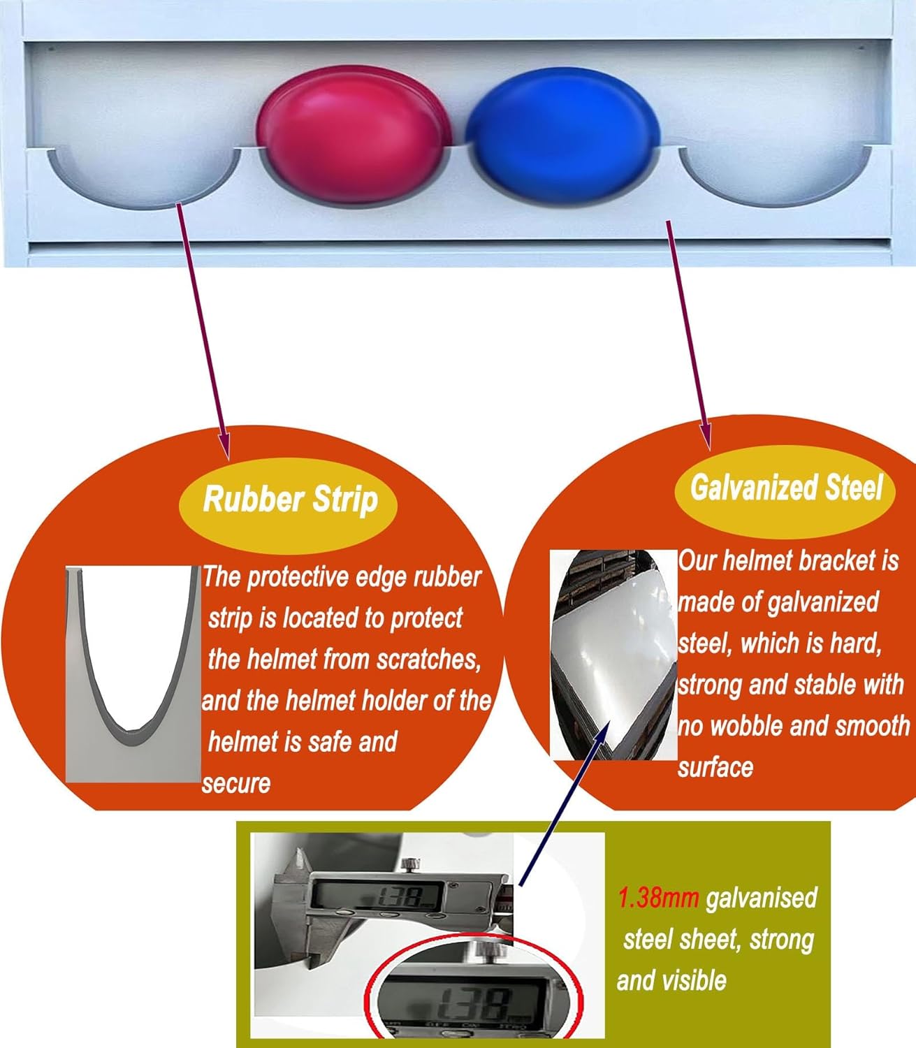 Hard Hat Storage Rack - Wall-Mounted Galvanized Steel Helmet Holder for 4 Safety Helmets with Protective Rubber Straps - Organizer for Caps and Fire Helmets