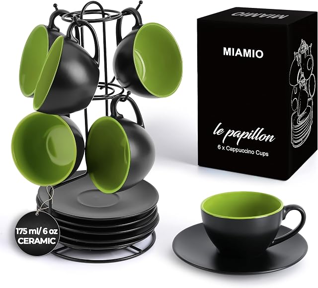 MIAMIO - 6 x 175 ml filiżanek do cappuccino/zestaw filiżanek do cappuccino Na zewnątrz czarne Wewnątrz kolorowe - Kolekcja Le Papillon (Zielony)