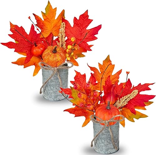 Paquete de 2 decoraciones de otoño de 12 pulgadas, decoración de mesa de otoño, arreglo de calabaza con hojas de arce, trigo con bayas, musgo