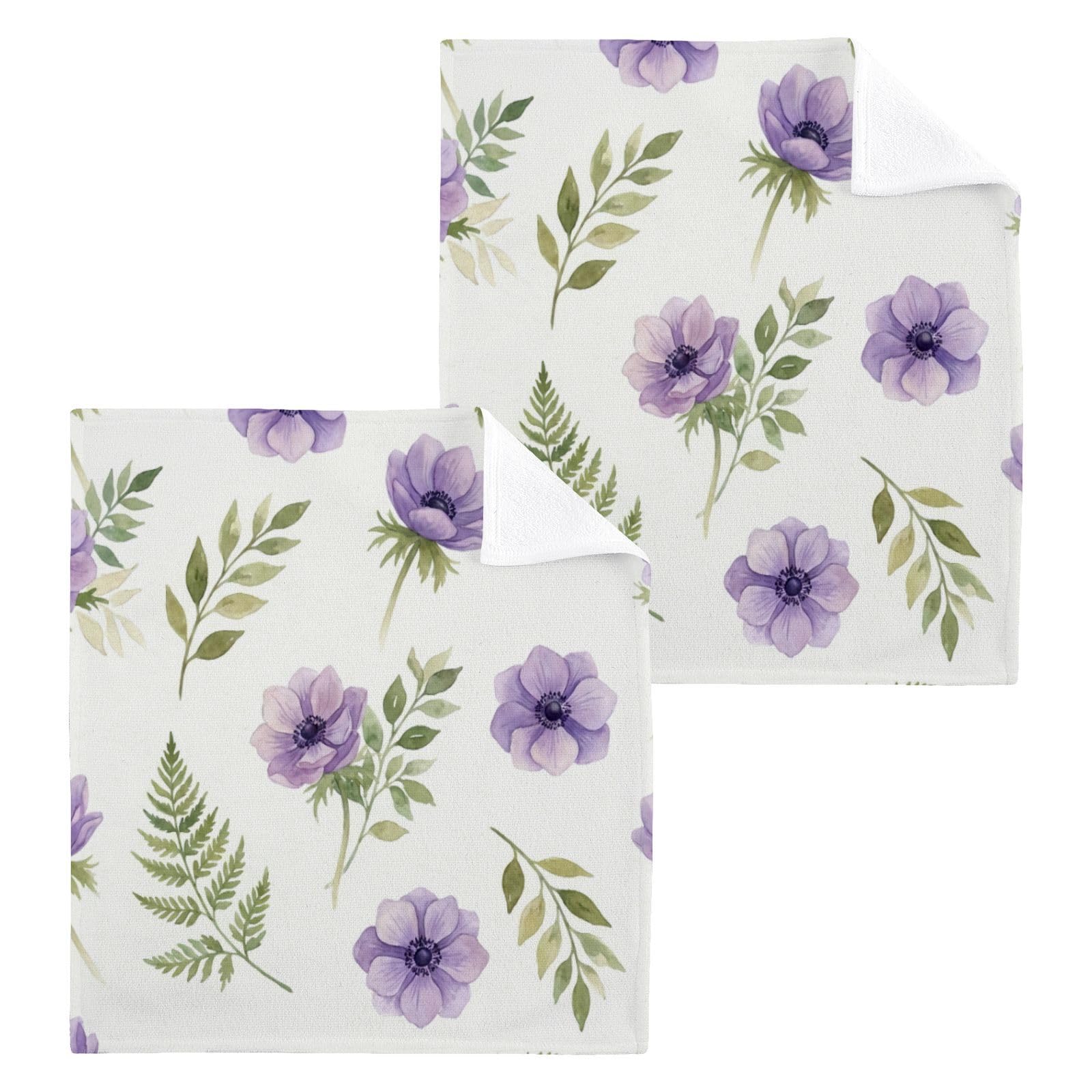 BOESI Purple Anemone Pattern 12x12in Cotton Washcloth,Face Towel