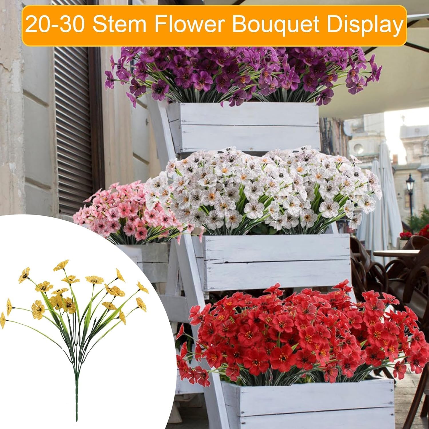 Artificial Sunset Mums, Artificial Outdoor Sunset Mums Flowers-for Outside Porch Garden Pots Planters Autumn Fall Decor,UV Resistant, Waterproof, Windproof,Look Real (20 Bundle,B-White)