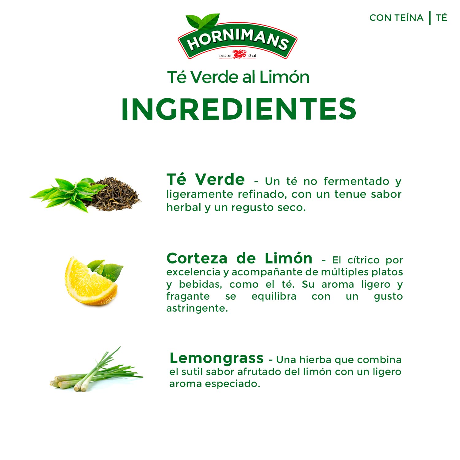 Hornimans Té Verde al Limón Ingredientes 100% Naturales | 20 bolsitas | Con Teína