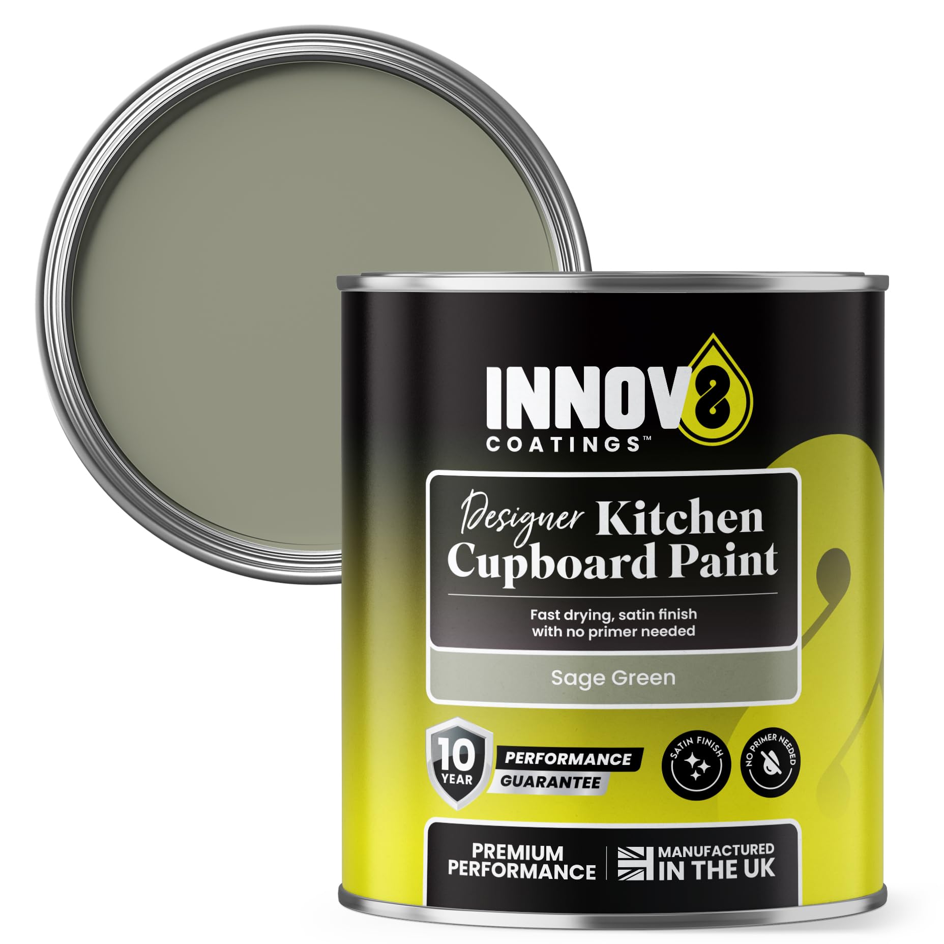 INNOV8 COATINGS Kitchen Cupboard Paint 750ml – No Primer Needed – Fast Drying Satin Finish – 10 Year Guarantee – Cabinet, Cupboard & Furniture Paint – Wood, MDF, Plastic & Metal (Sage Green)