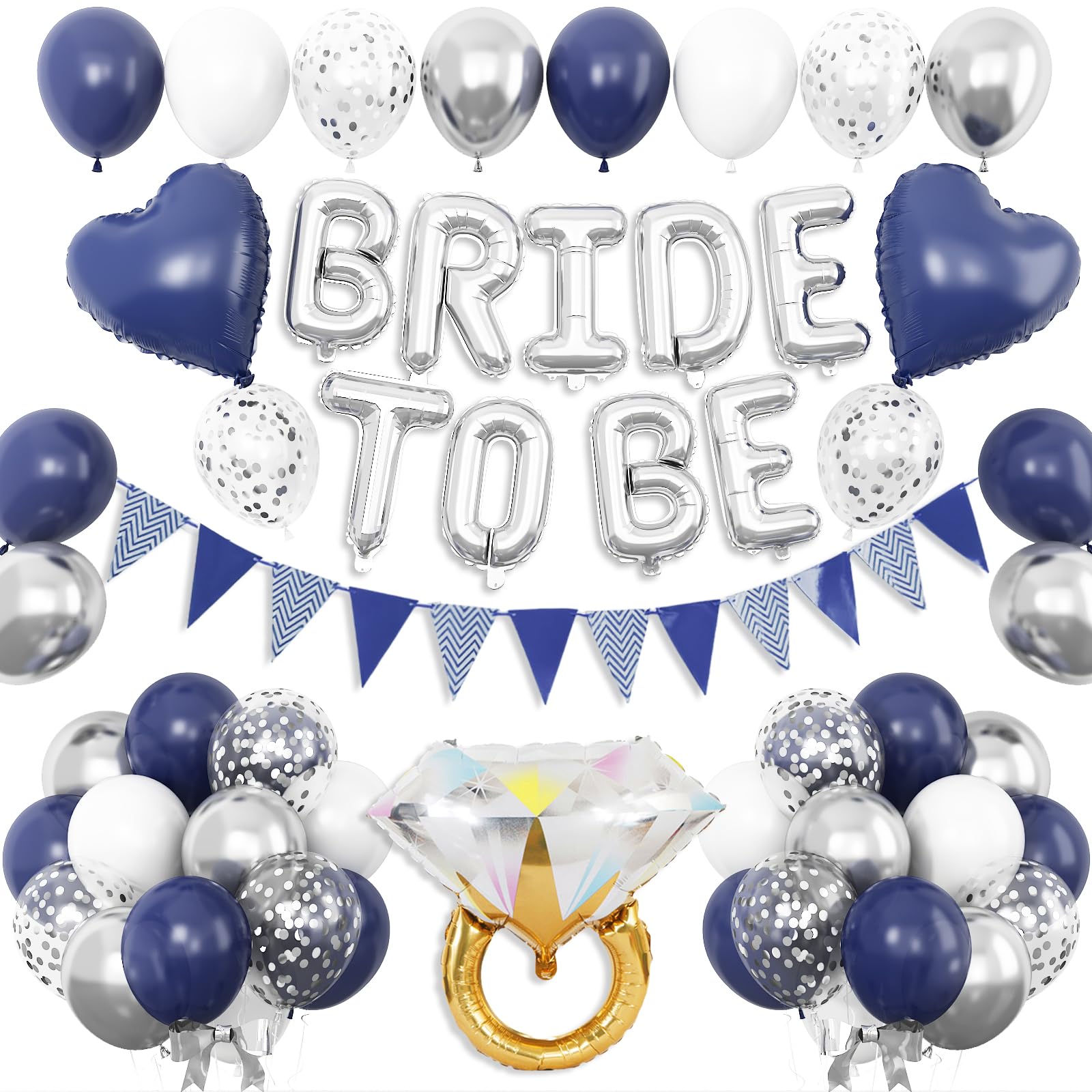 Blue Silver Bachelorette Party Decorations, Silver Bride To Be Bridal Shower Balloons Decoration, Navy Blue White Silver Balloon and Diamond Ring Blue Heart Balloon for Bachelorette Engagement Wedding