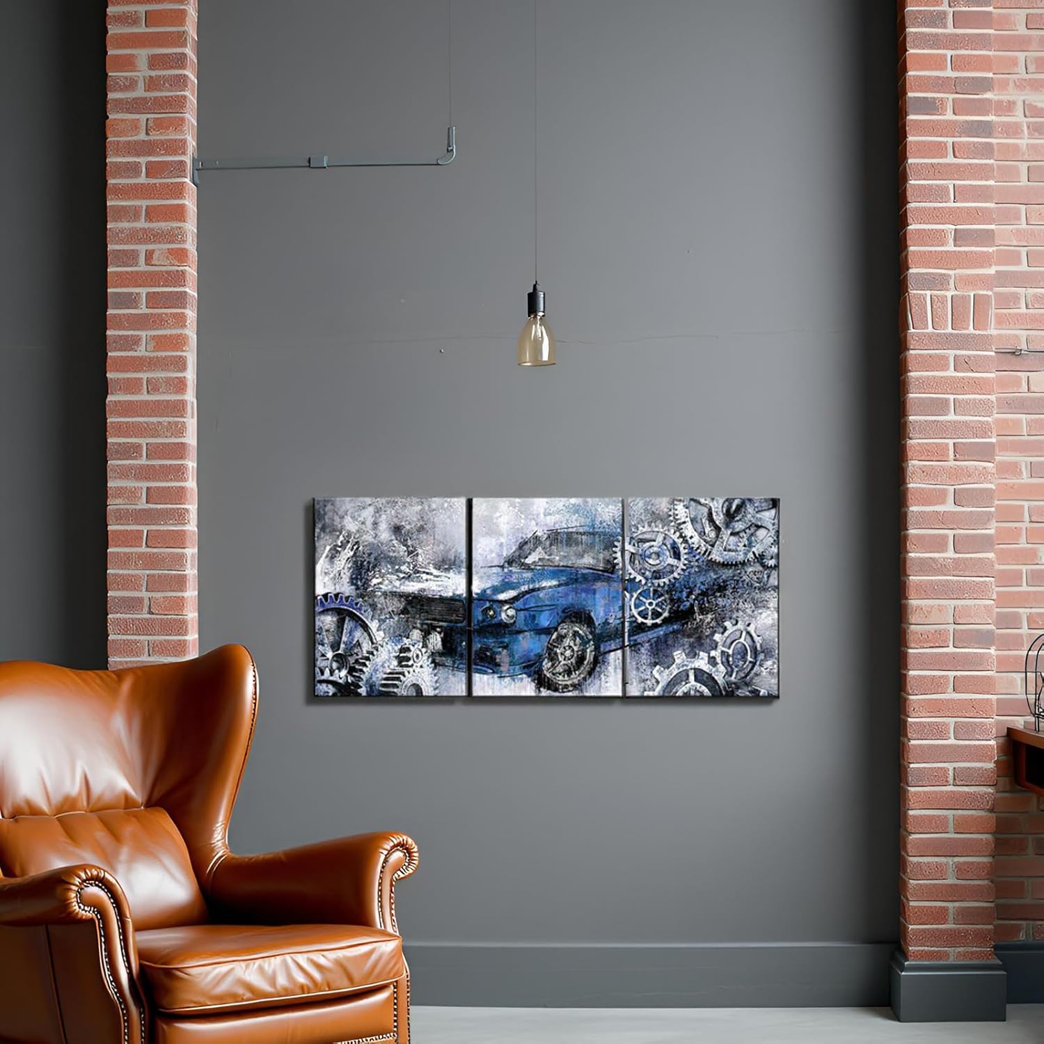 LevvArts 3 Piece Rustic Car Canvas Wall Art Old Car with Mechanical Gear Painting Poster Prints Cool Artwork for Man Cave Boys Bedroom Home Office Decoration (Blue, Small)