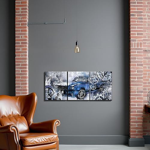 Miniatura 2 de LevvArts Lienzo rústico de 3 piezas para pared, automóvil viejo con equipo mecánico, impresiones de póster, obras de arte geniales para hombre,