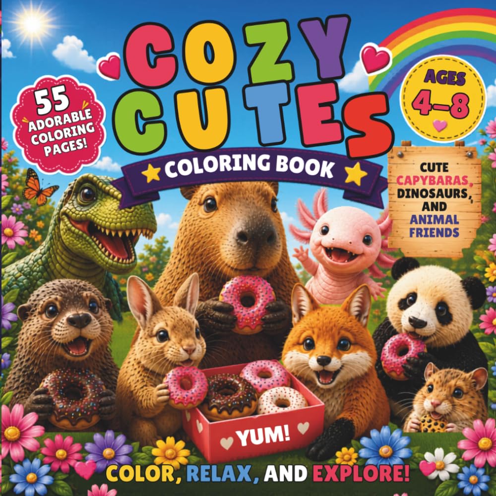 Cozy Cuties Coloring Book: Cute Capybaras, Dinosaurs, Axolotls and Animal Friends for Kids Ages 4-8