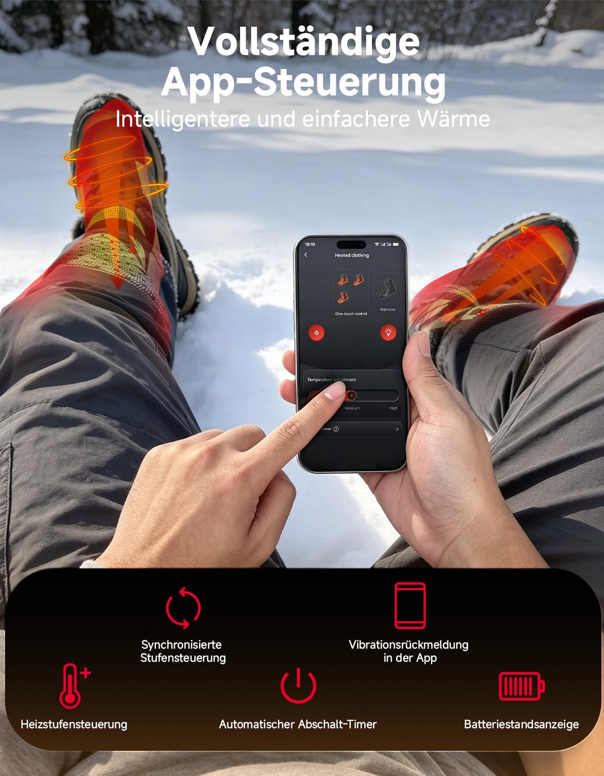 KEMIMOTO Beheizte Socken für Herren Damen, Heizsocken mit Vollfuß- und Zehenheizung, App-Steuerung Thermosocken Waschbar, Warme Beheizte Socken aus Schafwolle für Radfahren, Skifahren, Angel, Jagd