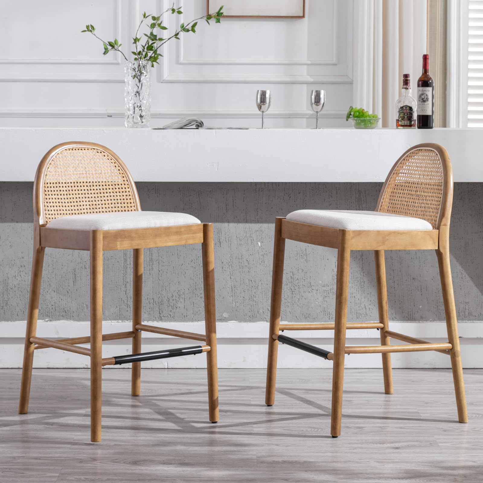 Ya-Home Mid-Century Bar Stools Set of 2, 30 Inch Counter Height Rattan Back Linen Barstools Comfy Upholstered Bar Chairs with Wooden Legs for Kitchen