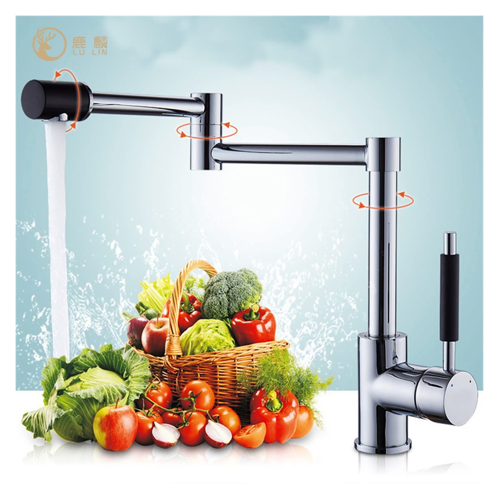 Grifo de baño Grifo de cocina plegable de 180 grados de cobre Grifo de cocina con grifo con lavabo retráctil de rotación rotativo universal frío y caliente(Tall 395mm)