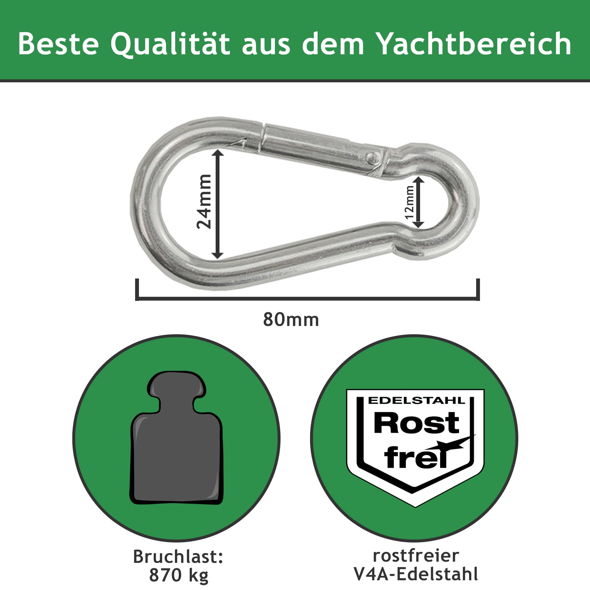 Sonnensegel Befestigungset aus V4A Edelstahl | Set aus M10 Wantenspanner & 80mm Karabiner | Robuste Befestigung für Sonnensegel, Abdeckplane, Drahtseil oder Tarp (4 Paar)