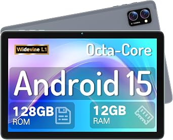 LECTRUS Tablet Android 15, 10,1 polegadas, Octa-Core, 12 GB RAM, 128 GB de armazenamento (expansível até 2 TB), tela sensível ao toque HD, PC com câmera dupla, bateria de longa duração
