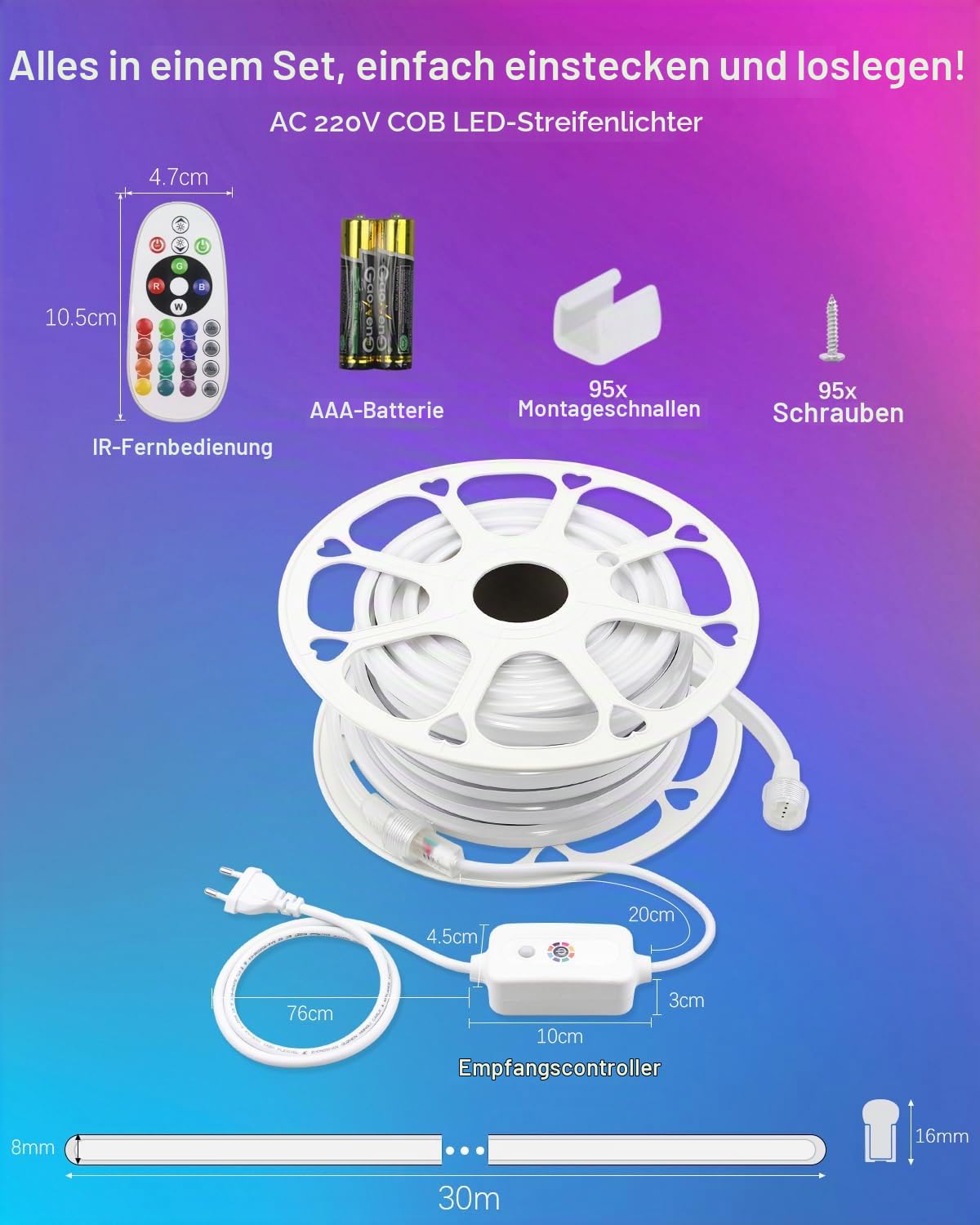 ALITOVE 230V Neon LED Streifen 30m RGB LED Band Aussenbereich Wasserdicht | mit IR Fernbedienung, für Außenwände von Gebäuden, im Garten,am Pool, auf Partys und in Bars, Nicht Selbstklebend, Keine APP