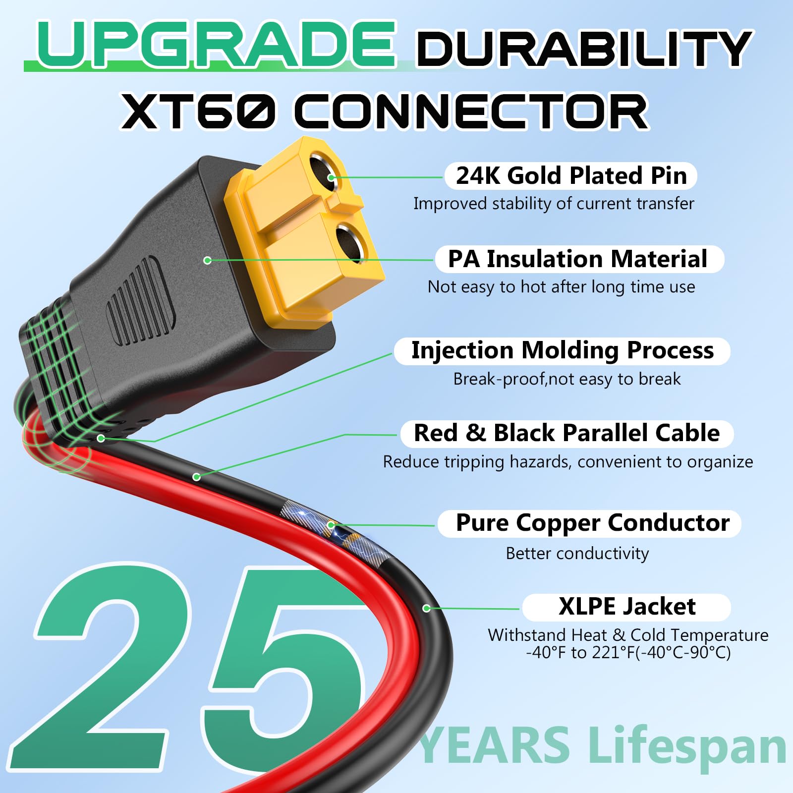 Cable de extensión solar XT60 de 10 AWG de 50 pies para estación de energía portátil | Cable adaptador XT60 de cobre estañado, conector de panel solar para RV, carga de batería, generador solar, certificado TUV