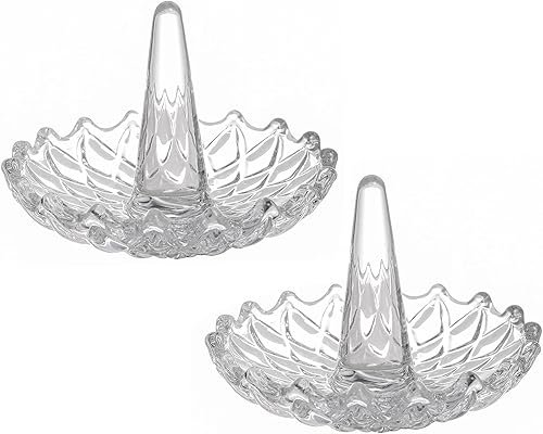 Miniatura 5 de MyGift Cono de cristal transparente con bandeja, soporte para anillo de boda de compromiso con diseño redondo de explosión de estrellas, plato