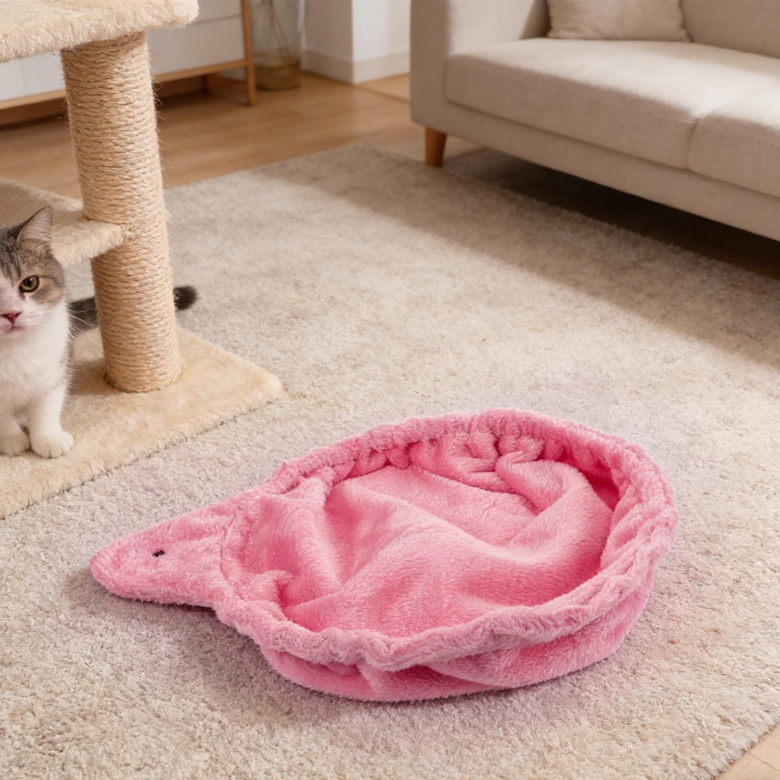 Beaupretty Hamac pour Chat en Peluche Rose Structure en Acier, Design Fermé Facile à Nettoyer, Forme Ronde Grosse Cuillère, pour Arbre à Chat ou Plateforme de Remplacement