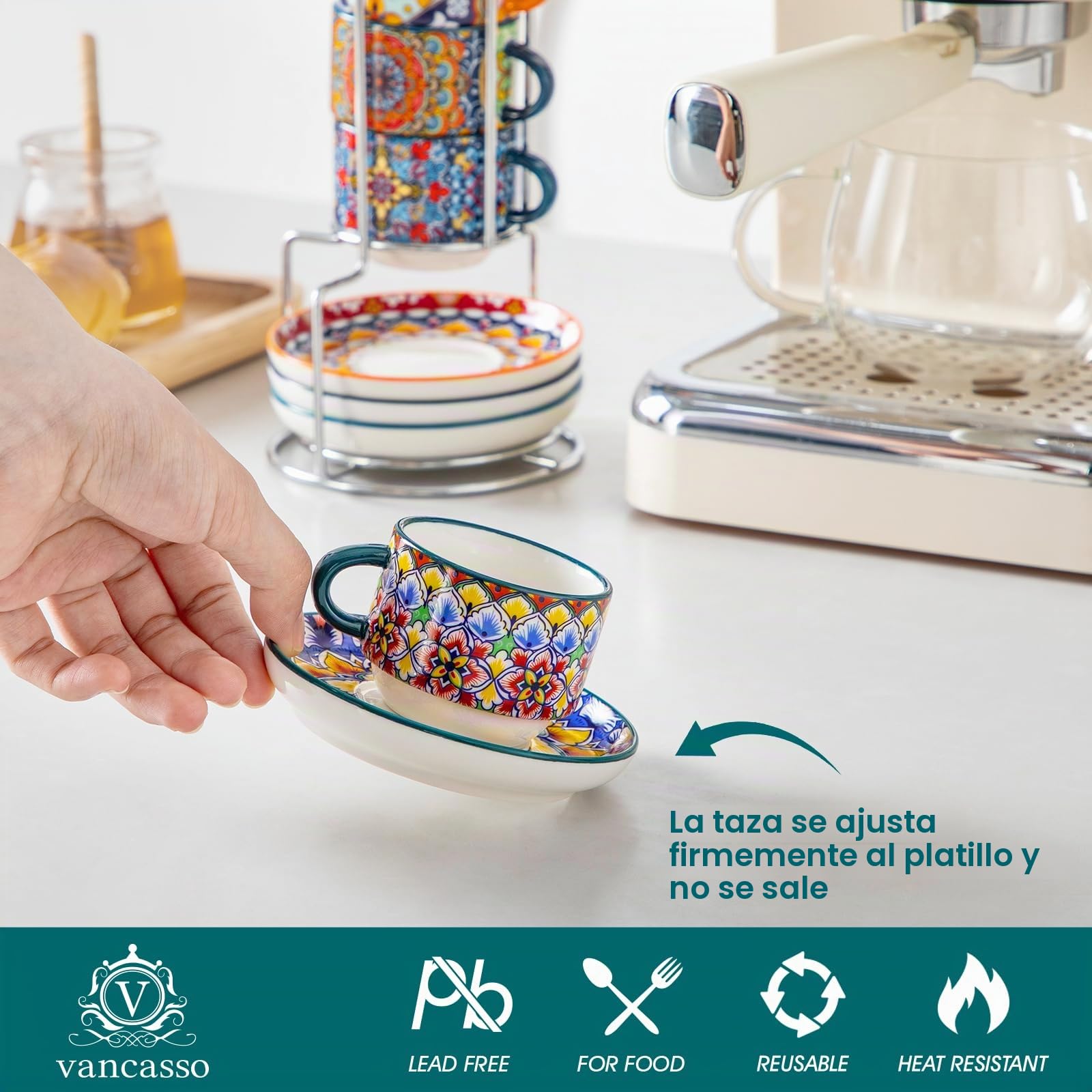 vancasso SIMI Juego de 8 Tazas de Café y Platillos (90 ml) - Tazas Cafe de Cerámica para 4 Personas, para Leche, Expresso y Capuchino - con Soporte de Metal - Estilo Bohème - Lavavajillas