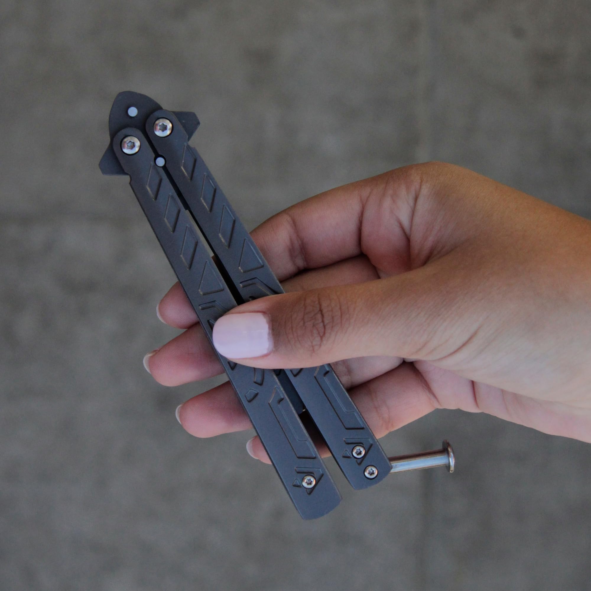 Navaja Mariposa Entrenamiento Acero Inoxidable Sin Filo Plegable Negro Plata