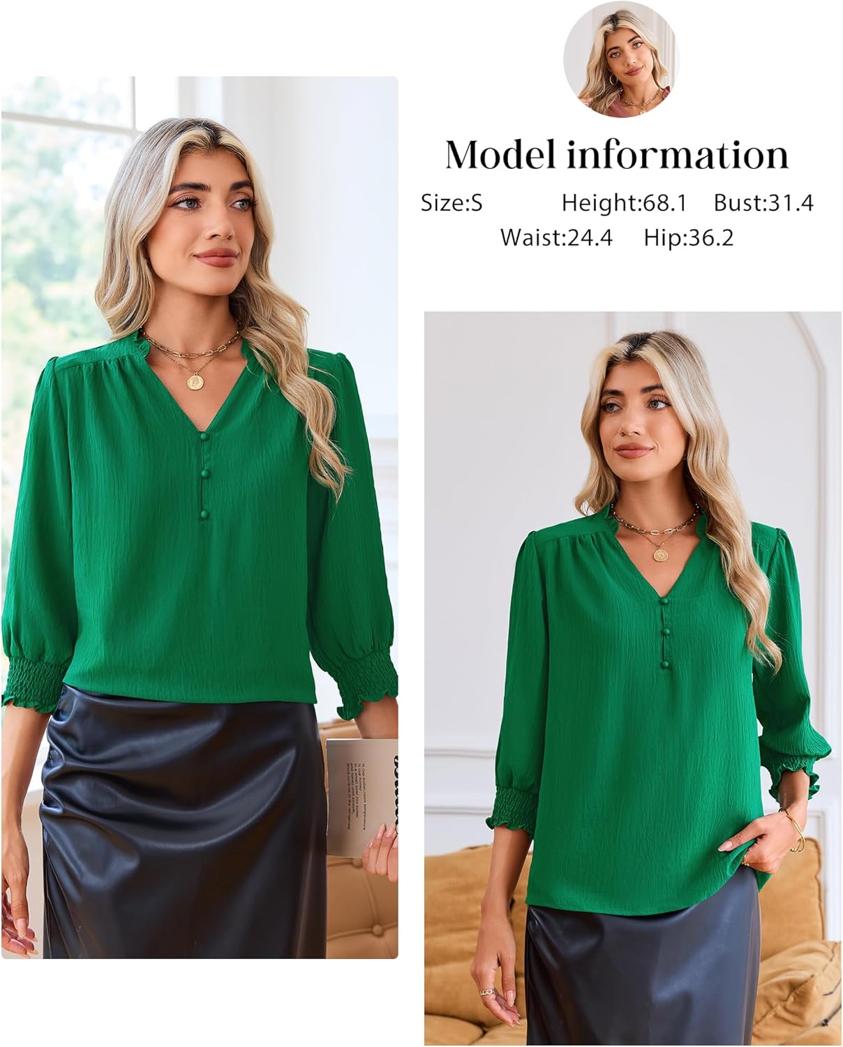 Blouses for Women Dressy Casual 3/4 Length Sleeve Womens Tops 2026 Spring Trendy Cute Smocked Cuffs Sleeve - Image 6