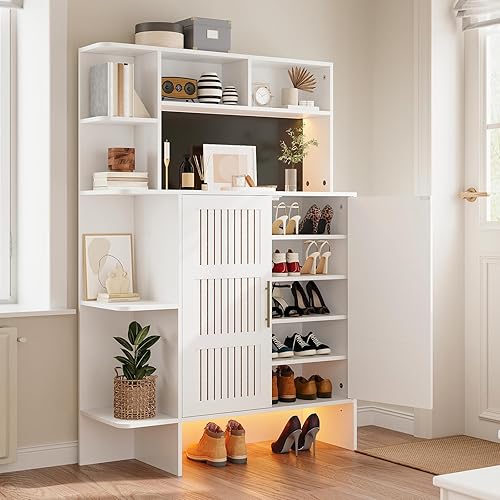 Zapatero grande para entrada, zapatero blanco con puertas, organizador independiente de zapatos, zapatero de madera para vestíbulo, estantes