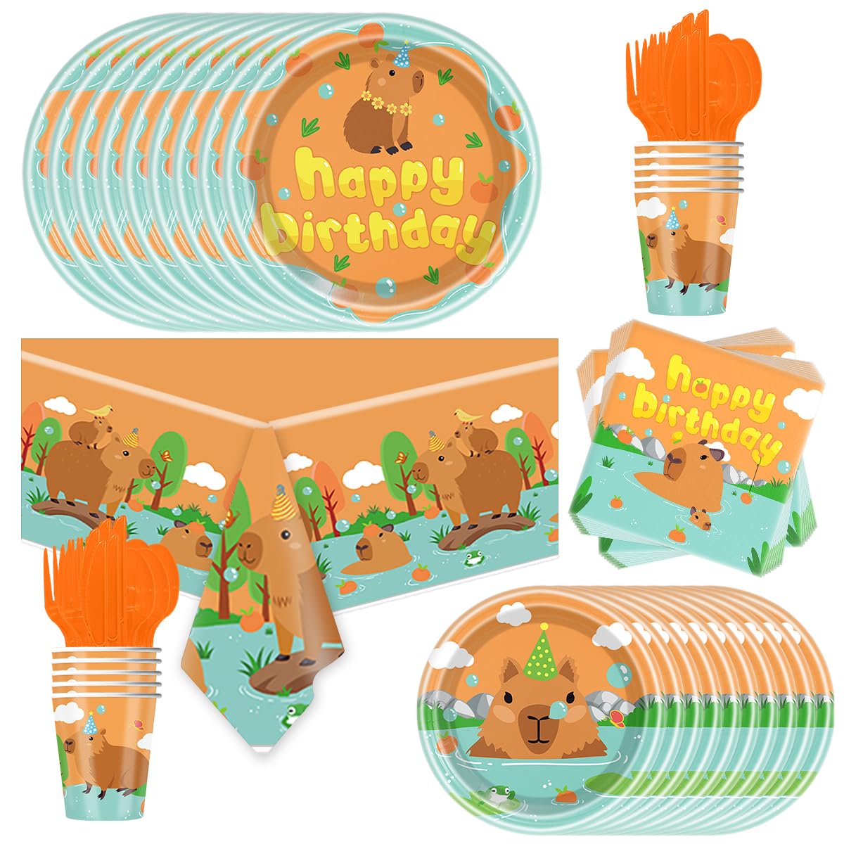 81Pcs Capybara Birthday Party Supplies Cartoon Animal Theme Tableware Set Includes Tablecloth,Plates, Napkins, Cups And Tablewares Capybara Themes
