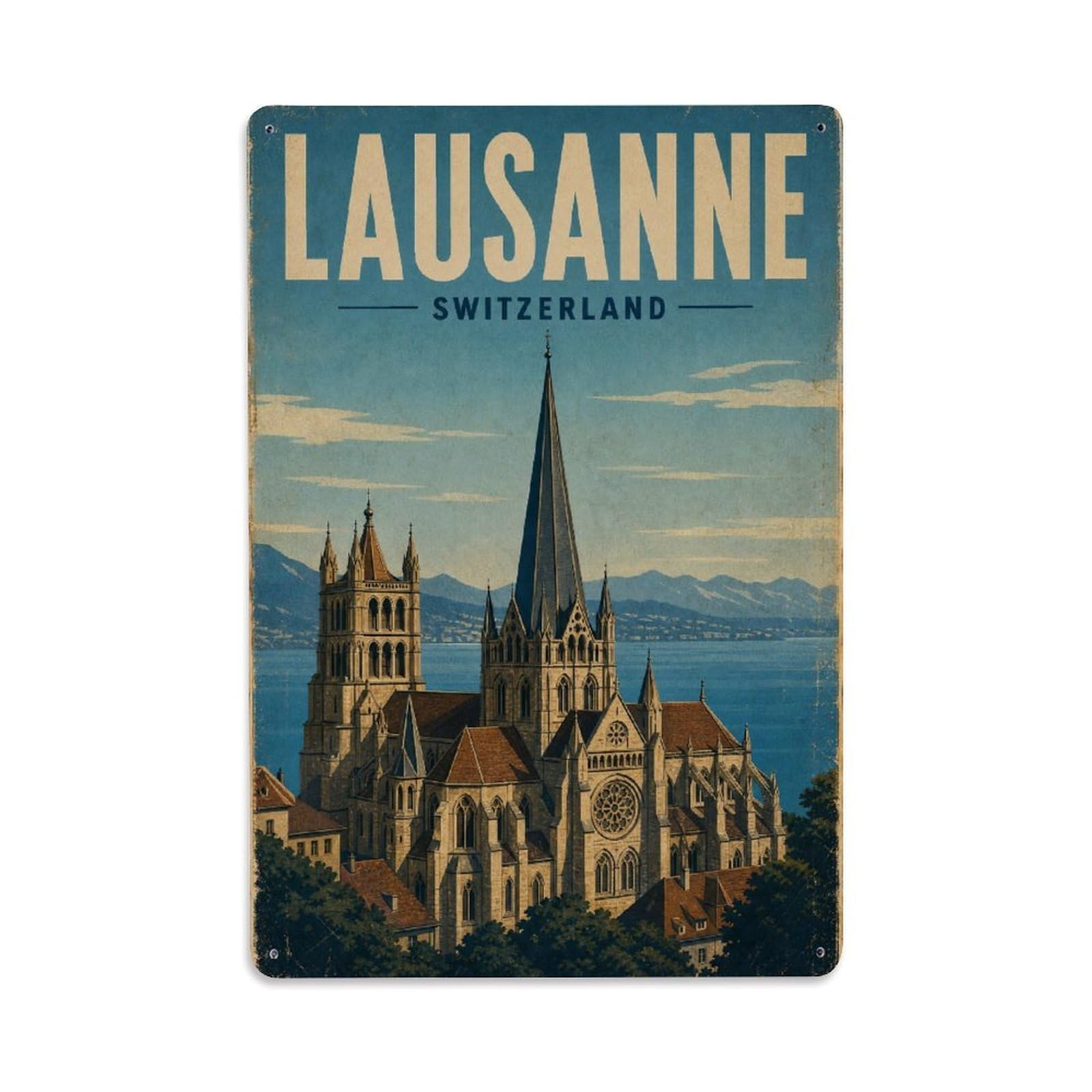 Travel Vintage Switzerland Lausanne Metal Tin Sign Plaque Wall Decor for Cafe, Club Bar, Office, Garden Metal Poster 8x12Inch