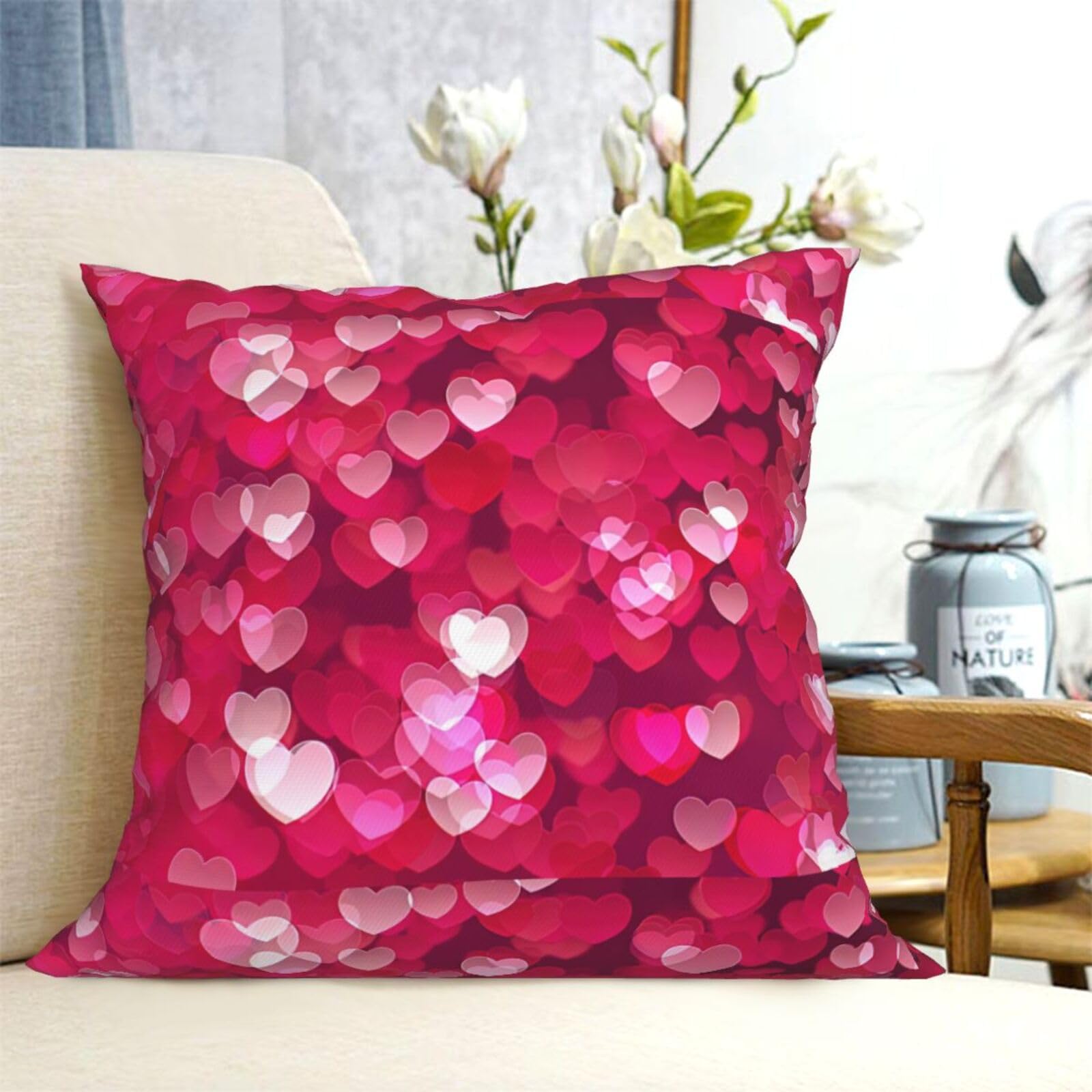 4 stuks kussenslopen 50 x 50 cm, sofakussens wit rood roos bloem hart Happy Valentine'S Day polyester kussenslopen voor bank
