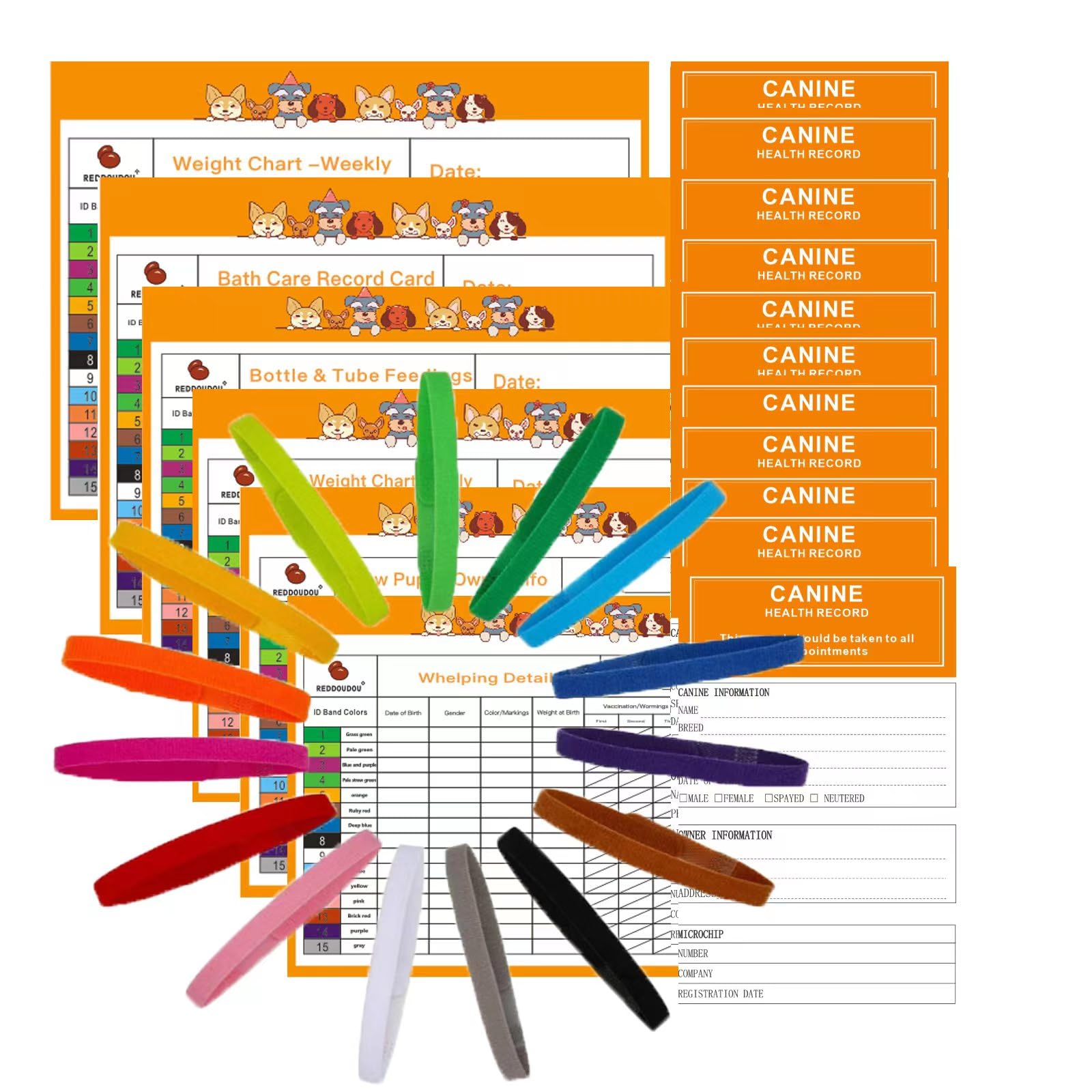 15 Pack Puppy ID Collars with Record Keeping Charts and Canine Health Record - Double Sided Soft Nylon Whelping Collars for Newborn Dogs and Cats