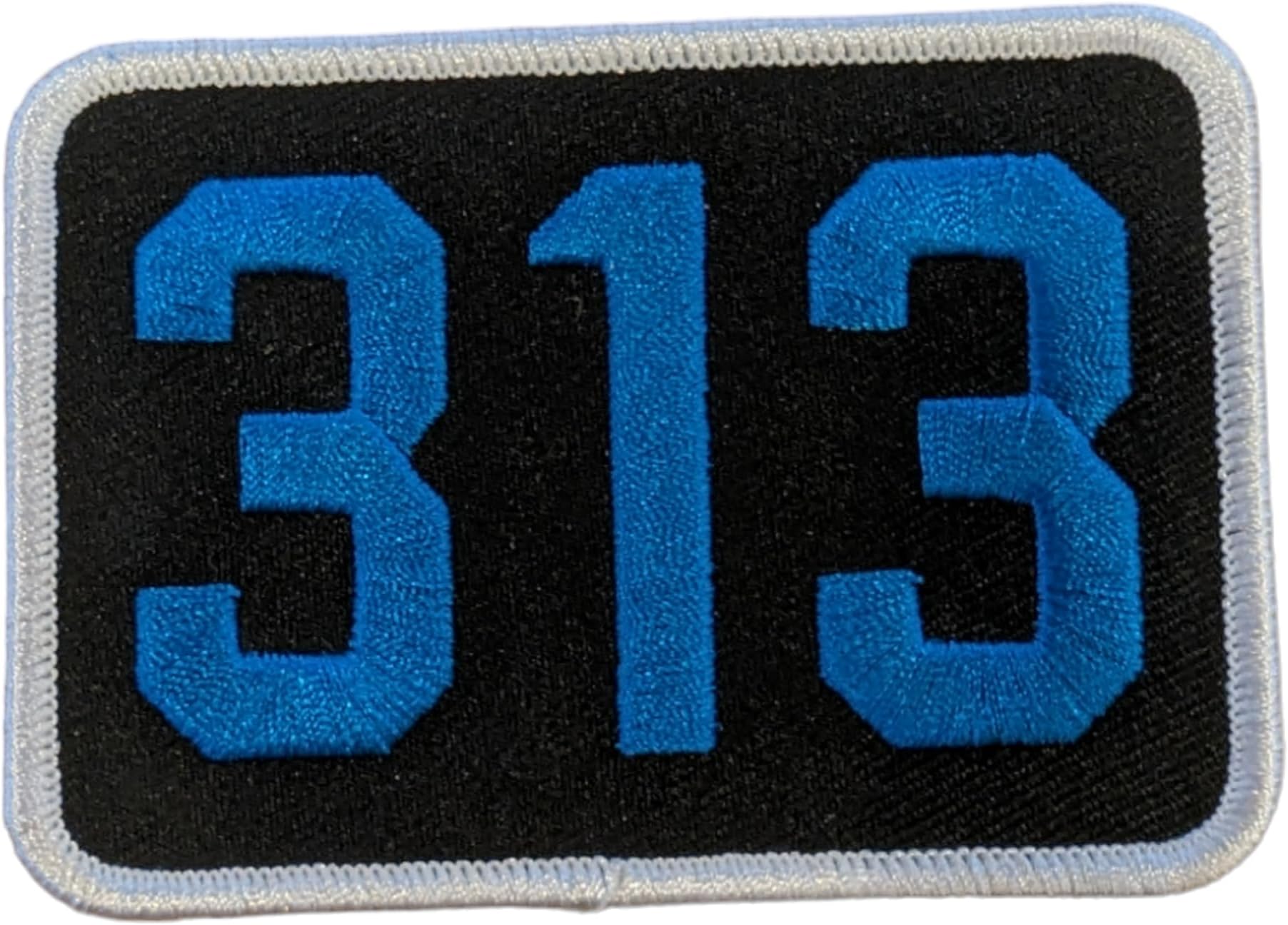 Detroit Shirt Company 313 Area Code Patch 3.5" x 2.5" Embroidered Heat Seal Backing (Black/Blue)