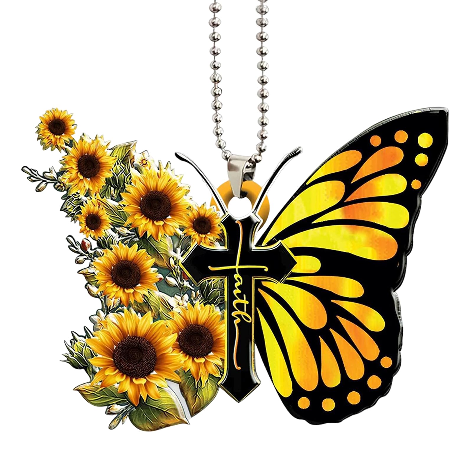 Butterfly Car Rearview Mirror Accessories,Yellow Butterfly Sunflower Christian Jesus Cross Car Mirror Decor Hanging,Butterfly Hanging for Home Car,Christian Religious Gifts for Women,Butterfly Gifts