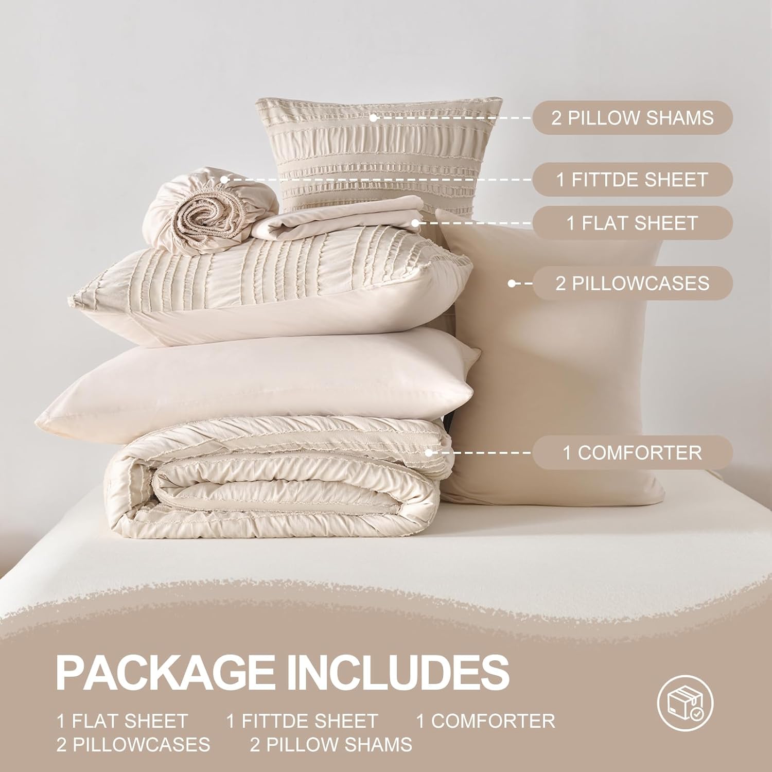 Beige Tufted Comforter Set Queen Size 7 Piece Bed in a Bag,Shabby Chic Boho Bedding for Bedroom Comforter,All Season Soft Microfiber Ruffle Comforter Set with Pillow and Sheets - Image 7