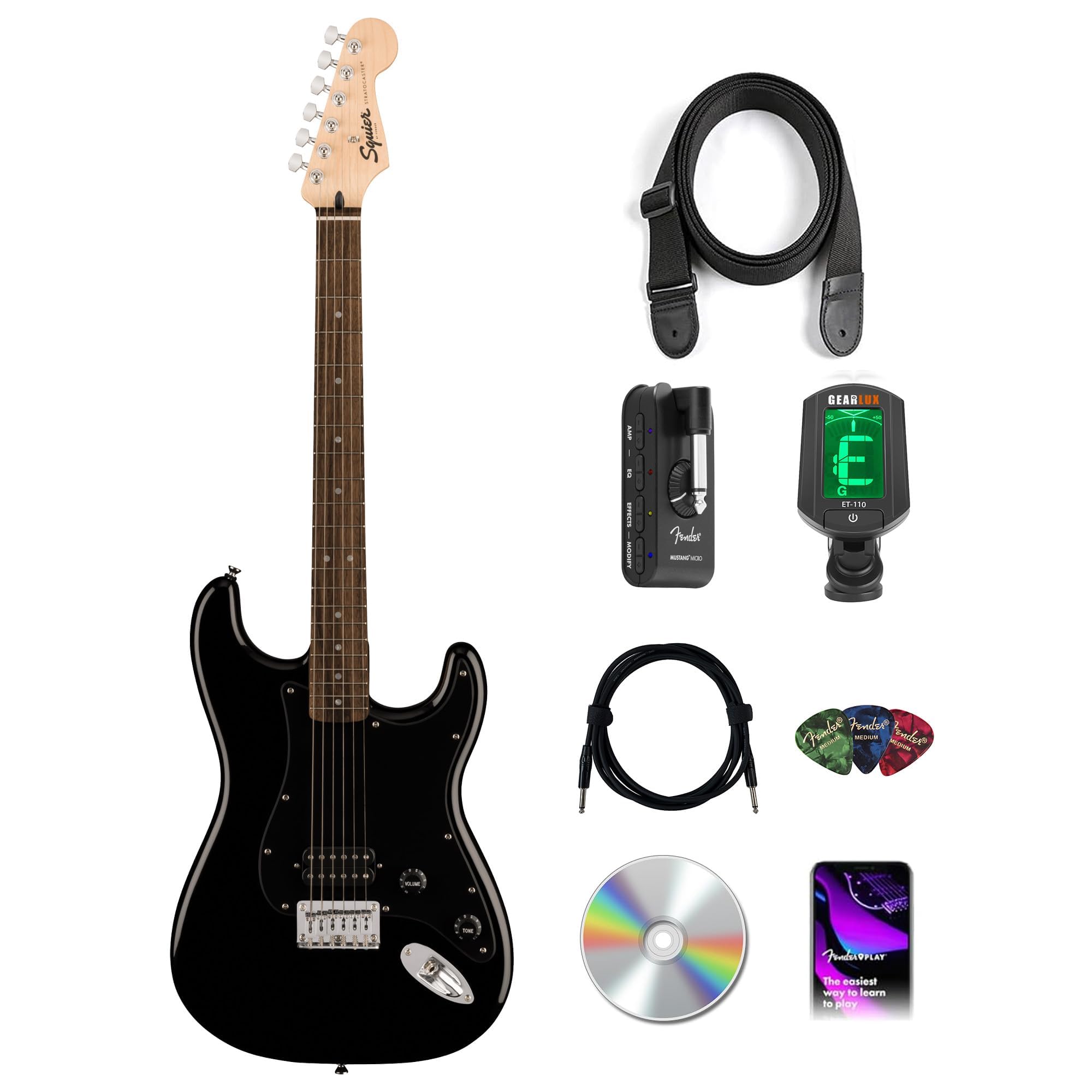 Fender Squier Sonic Stratocaster HT H - Black Bundle with Mustang Micro Headphone Amp, Cable, Tuner, Strap, Picks, and Austin Bazaar Instructional DVD
