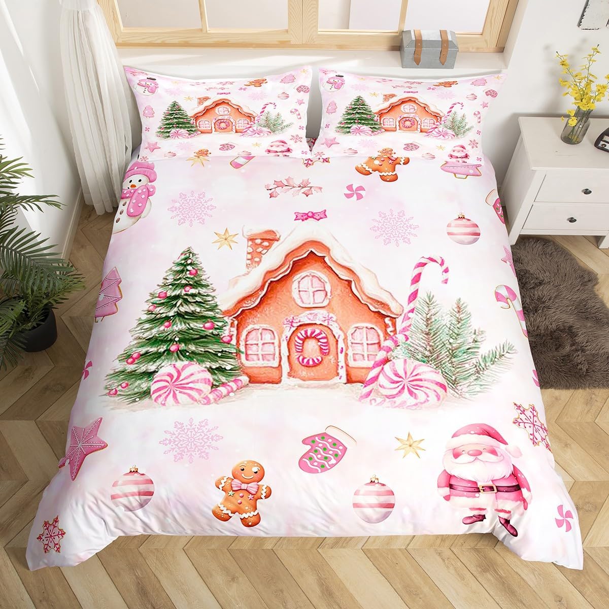 Pink Christmas Duvet Cover Set Toddler,Cartoon Gingerbread House Comforter Cover 2pcs for Girls Teens,Santa Snowman Quilt Cover (NO Comforter),1 Pillowcase,Dreamy Pink Tie Dyed Bedding Quilt Cover