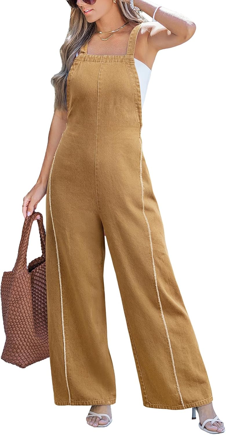 CUPSHE Womens Maxi Denim Jumpsuit Square Neck Sleeveless Casual Backless Loose Overall Jeans Wide Leg Long One Piece Jumpsuit