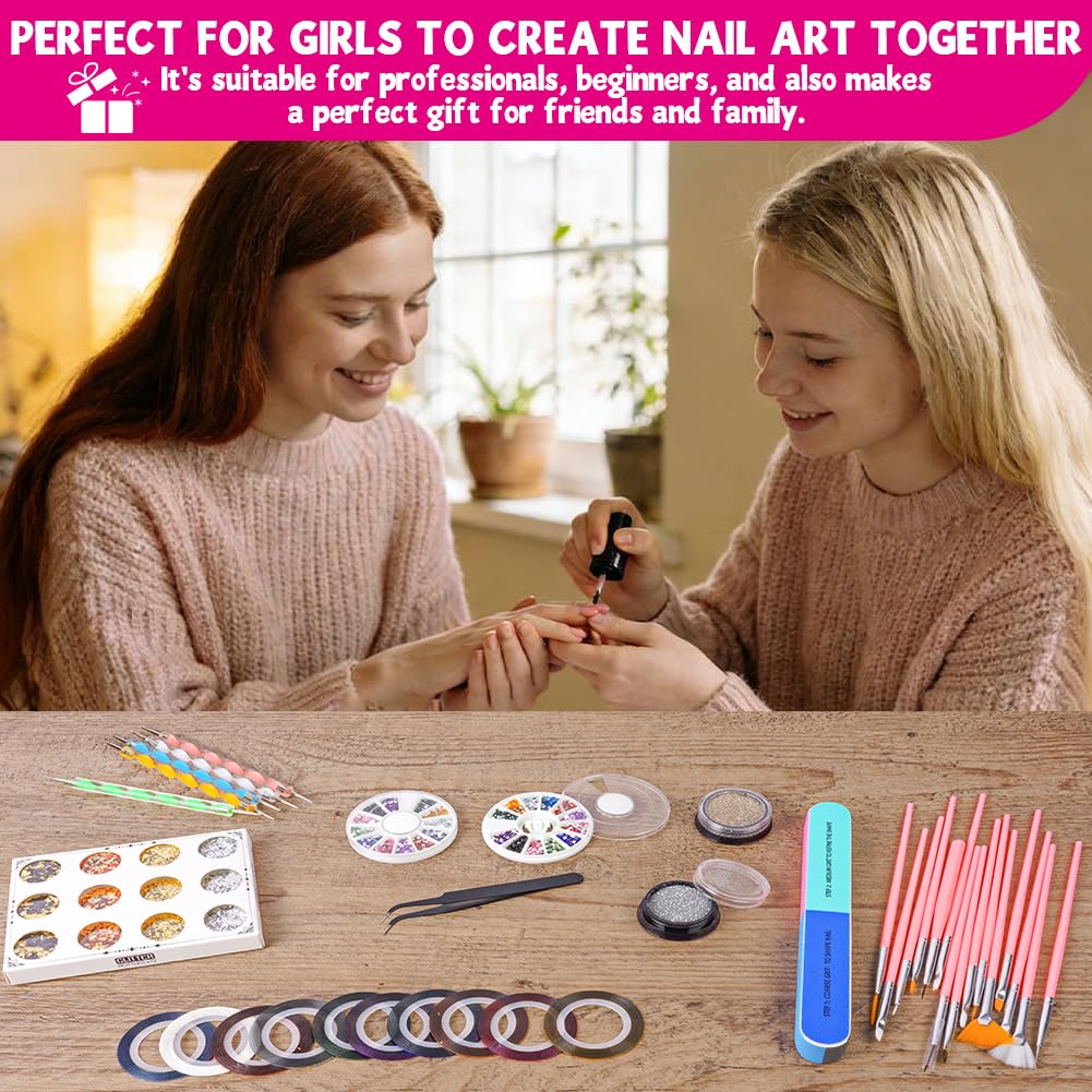 Zestaw pędzli do zdobienia paznokci, akcesoria dekoracyjne do nail art, pędzle do paznokci, kamienie stras, brokat, złota folia, wzór do paznokci, Dotted Pen, taśma w paski do manicure, pędzel