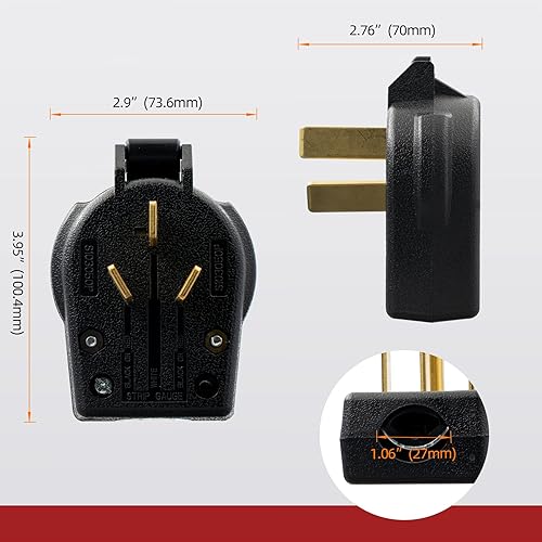 Miniatura 6 de NEMA 10-30P y NEMA 10-50P, 30 y 50 amperios, 125 y 250 voltios, 3 polos, 3 cables, enchufe de ángulo recto intercambiable de 3 clavijas para