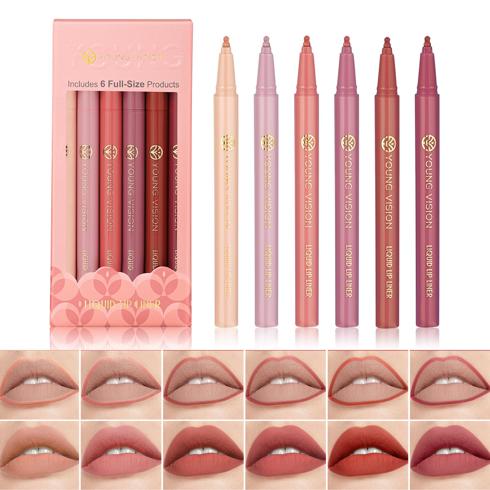 6PCS Barra de labios líquida y perfilador, 2 en 1 perfilador de labios nude mate para esculpir y rellenar, color intenso y duradero, no pegajoso, set de maquillaje especial para mujer (A)