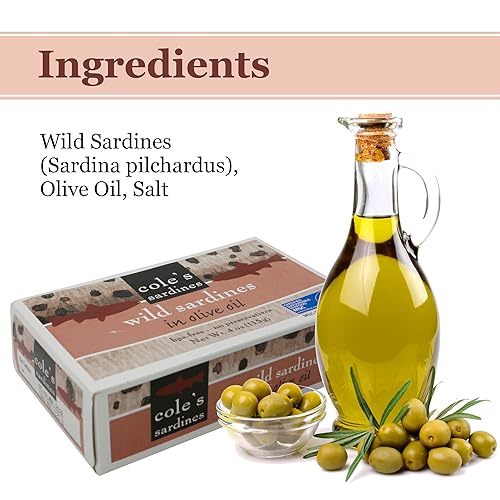 Miniatura 3 de COLE'S Sardinas silvestres en aceite de oliva  Sardinas enlatadas en aceite de oliva, capturadas en la naturaleza, alimentos sin gluten, pescado