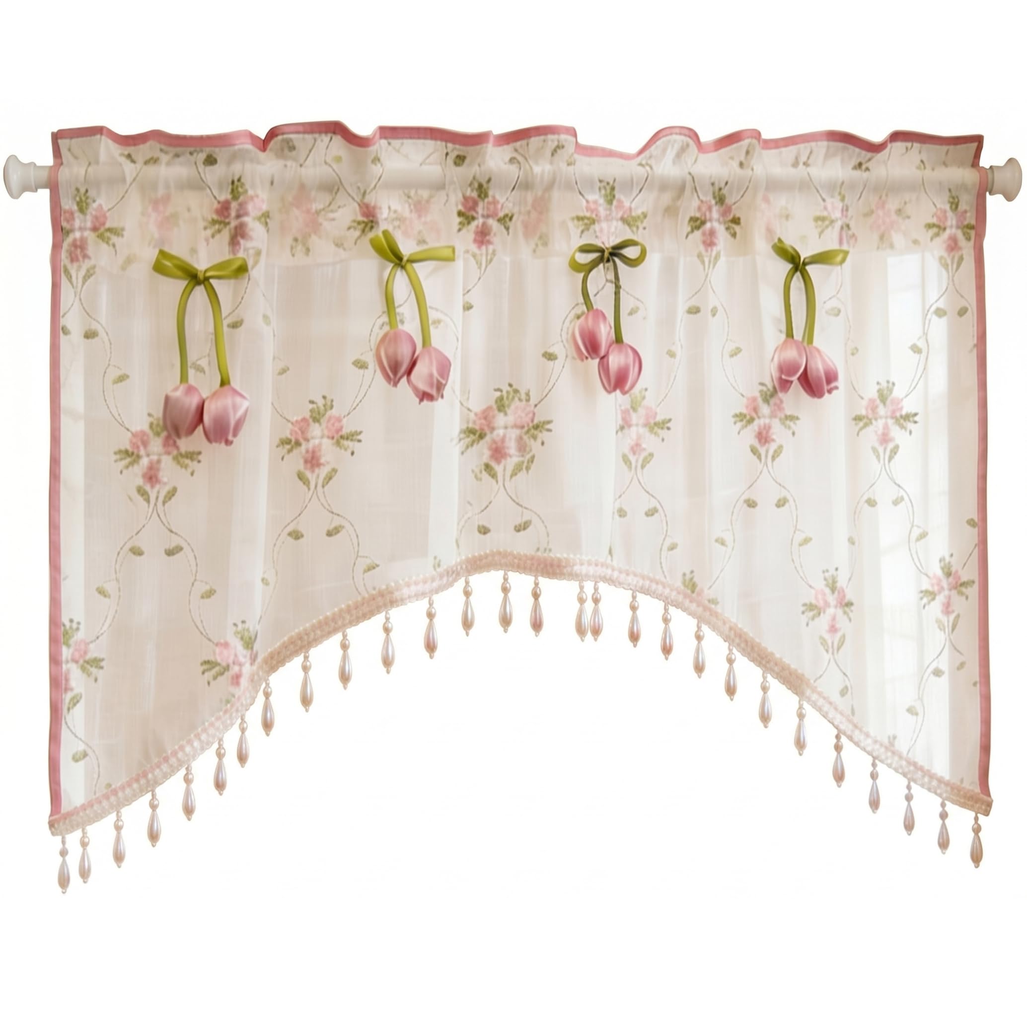 Xoeryoy Floral Kitchen Curtains, Aesthetic Sheer Valance Curtain with Decor & Beaded Fringe Light Filtering Kitchen Valance, 39 X 24 Inch ;1