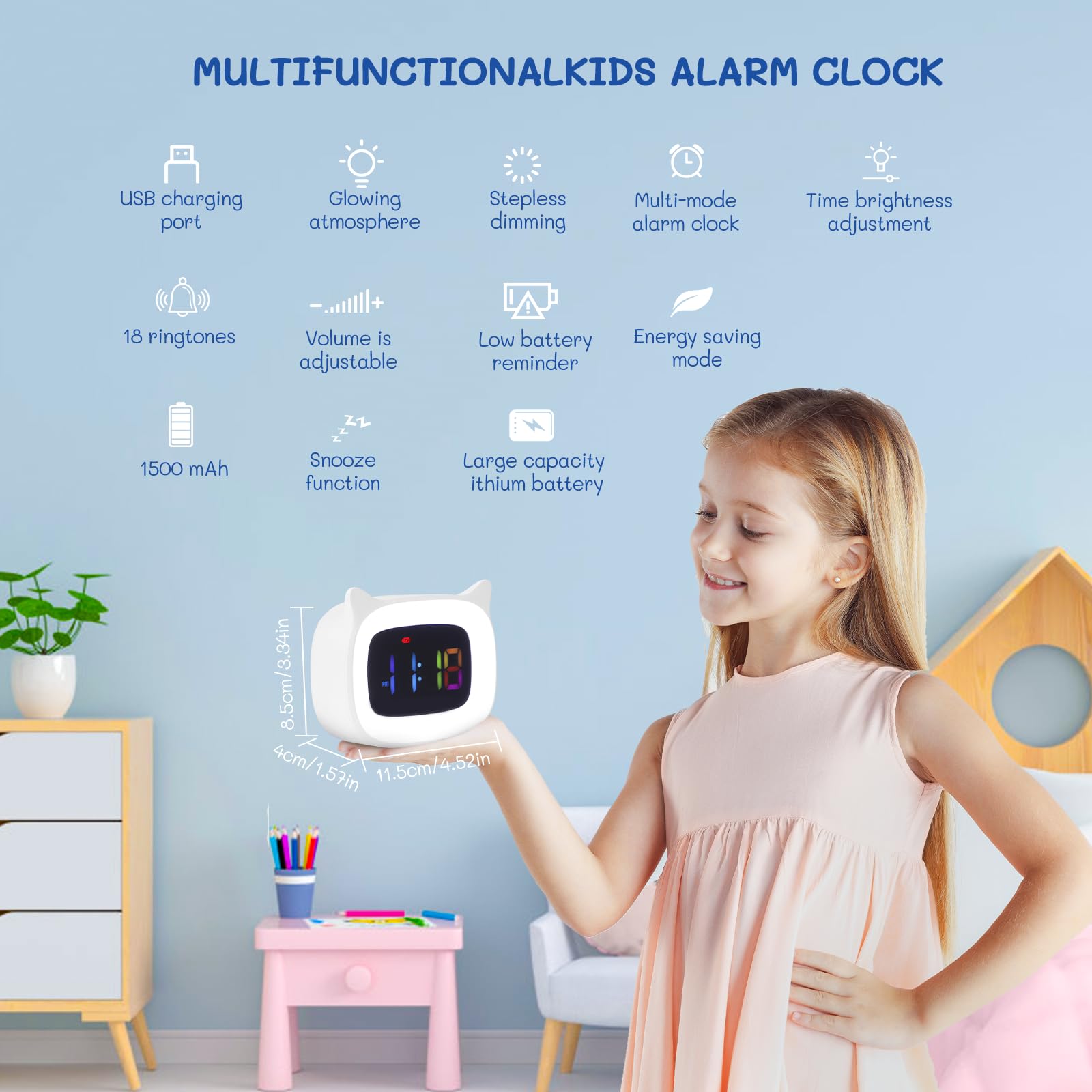 Despertador infantil Día Noche, Despertador de aprendizaje al sueño para niños, despertador recargable de entrenamiento para niños y niñas, despertador infantil luminoso LED, despertador infantil con