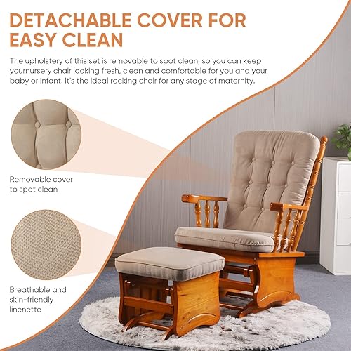 Miniatura 5 de Silla de planeador mecedora estilo retro y rústico con otomana para batido de lactancia, sillón deslizante suave con otomana para guardería, sala de