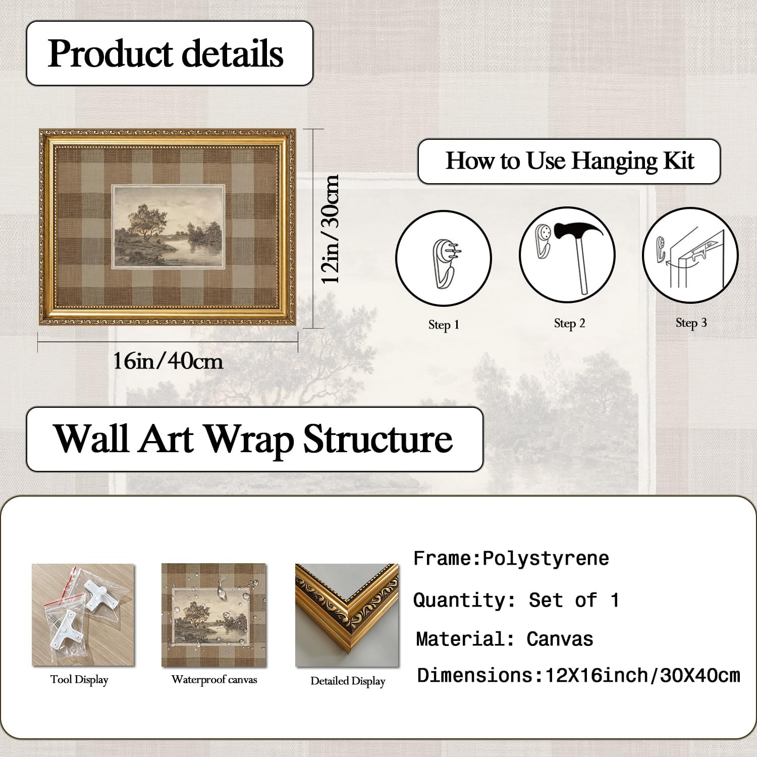 Vintage Gold Framed Landscape Wall Art, Moody Tree Lake Wall Decor Paintings, Neutral Gingham Country Nature Pictures Canvas Prints Farmhouse Home Decor Aesthetic for Living Room Bedroom 12x16 inch image 5