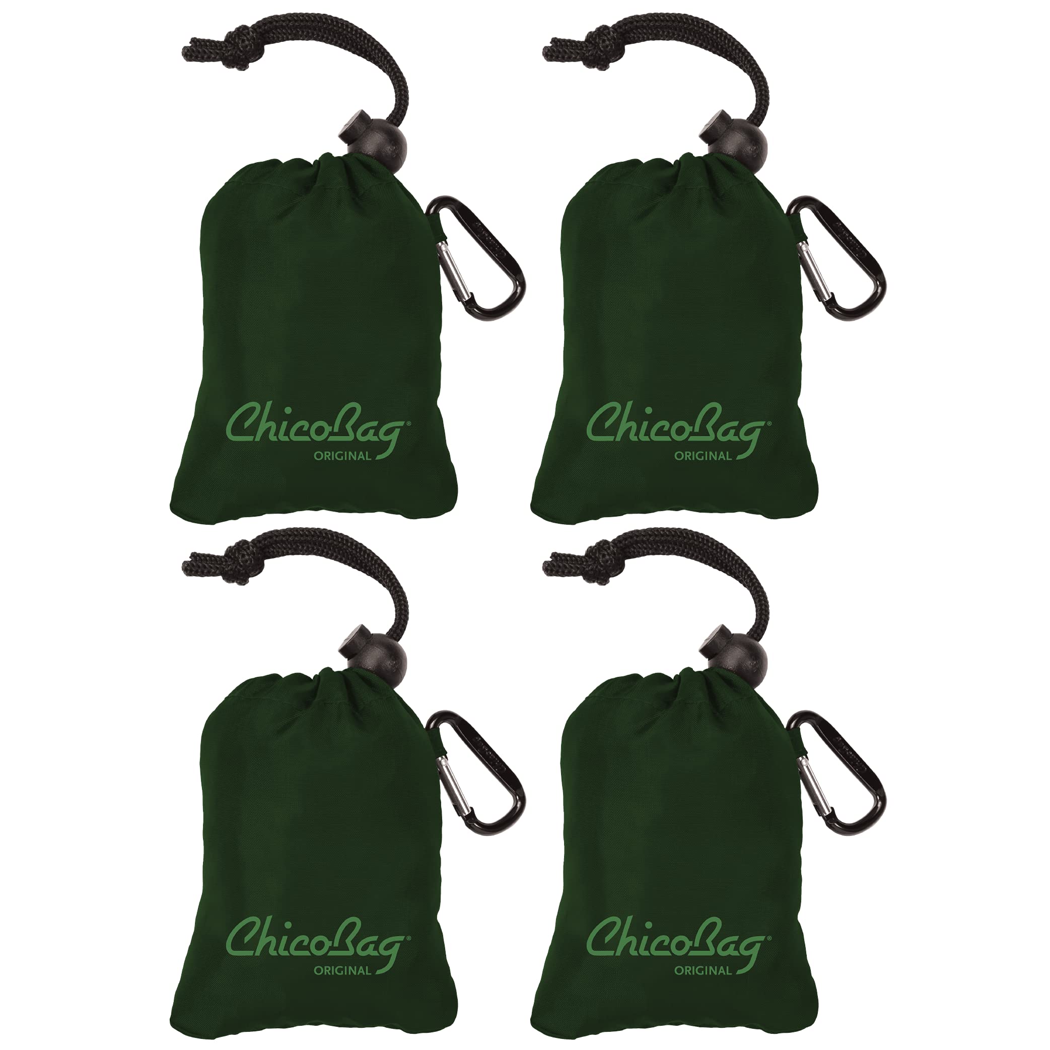 ChicoBag Original Compact Reusable Grocery Bag w/Attached Pouch and Carabiner Clip | Perfect for Shopping, Travel, Organization | Eco-Conscious Packable Tote | Fairway (Pack of 4)