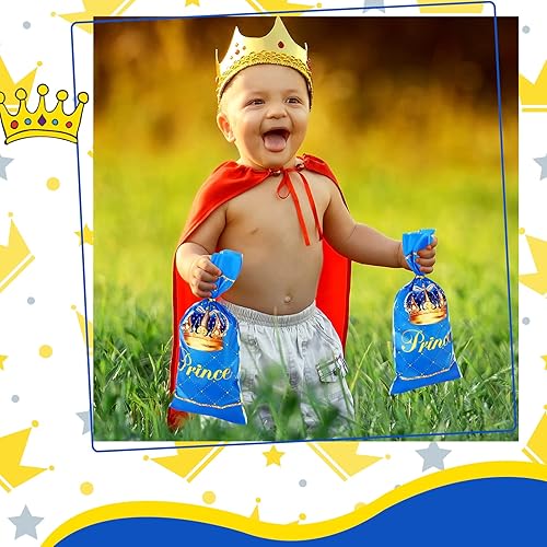 Miniatura 7 de Geyee 100 bolsas de regalo de plástico para fiesta de príncipe real, bolsas de dulces azules con lazos, bolsas de golosinas con 150 lazos dorados
