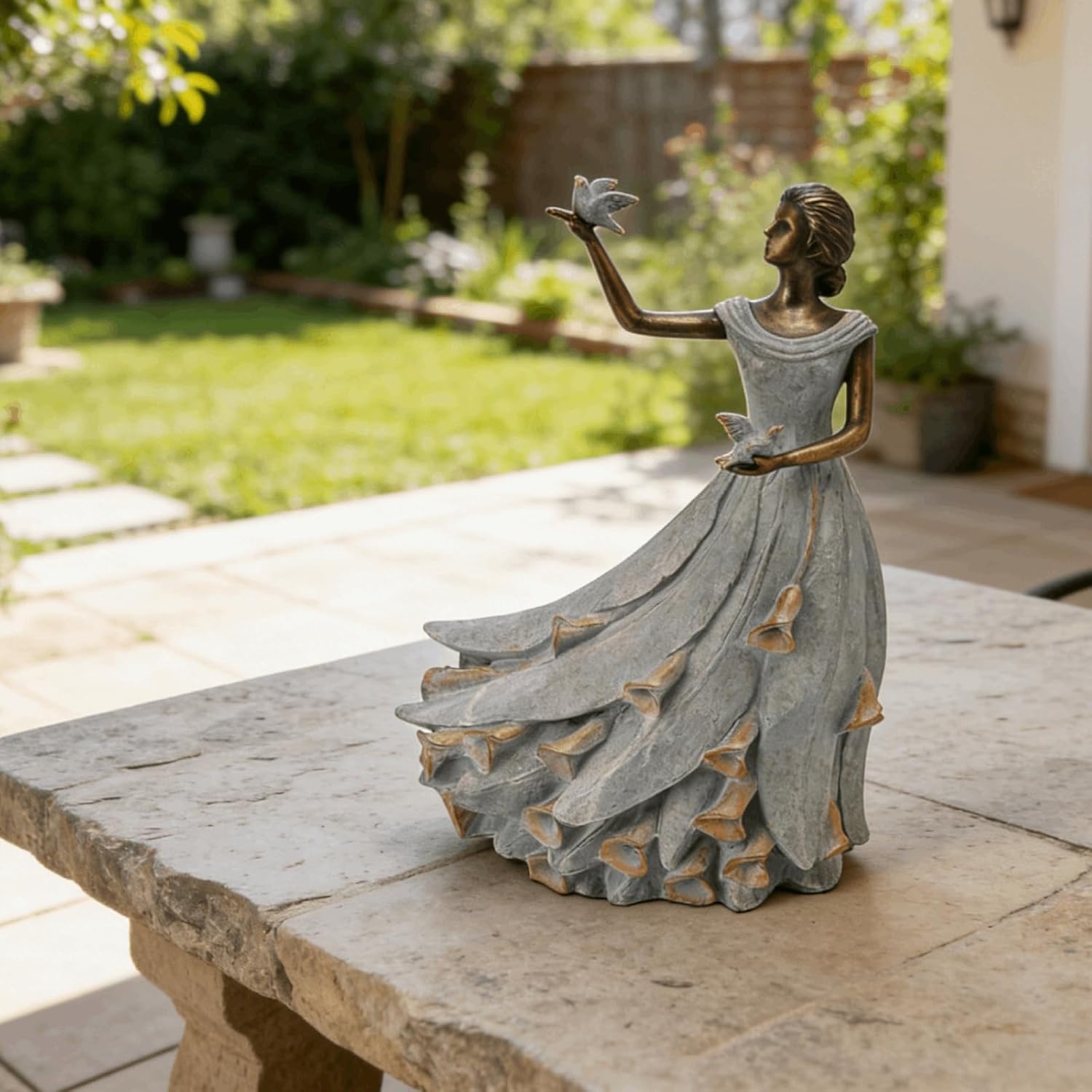 DiliComing Fairy Garden Statue Home Decor - 16 Inch Girl with Dusty Blue Calla Lily Dress Resin Garden Decor for Yard Statue Gifts for Women Outdoor Statues Party Decorations 11 x 7 x 16 Inches